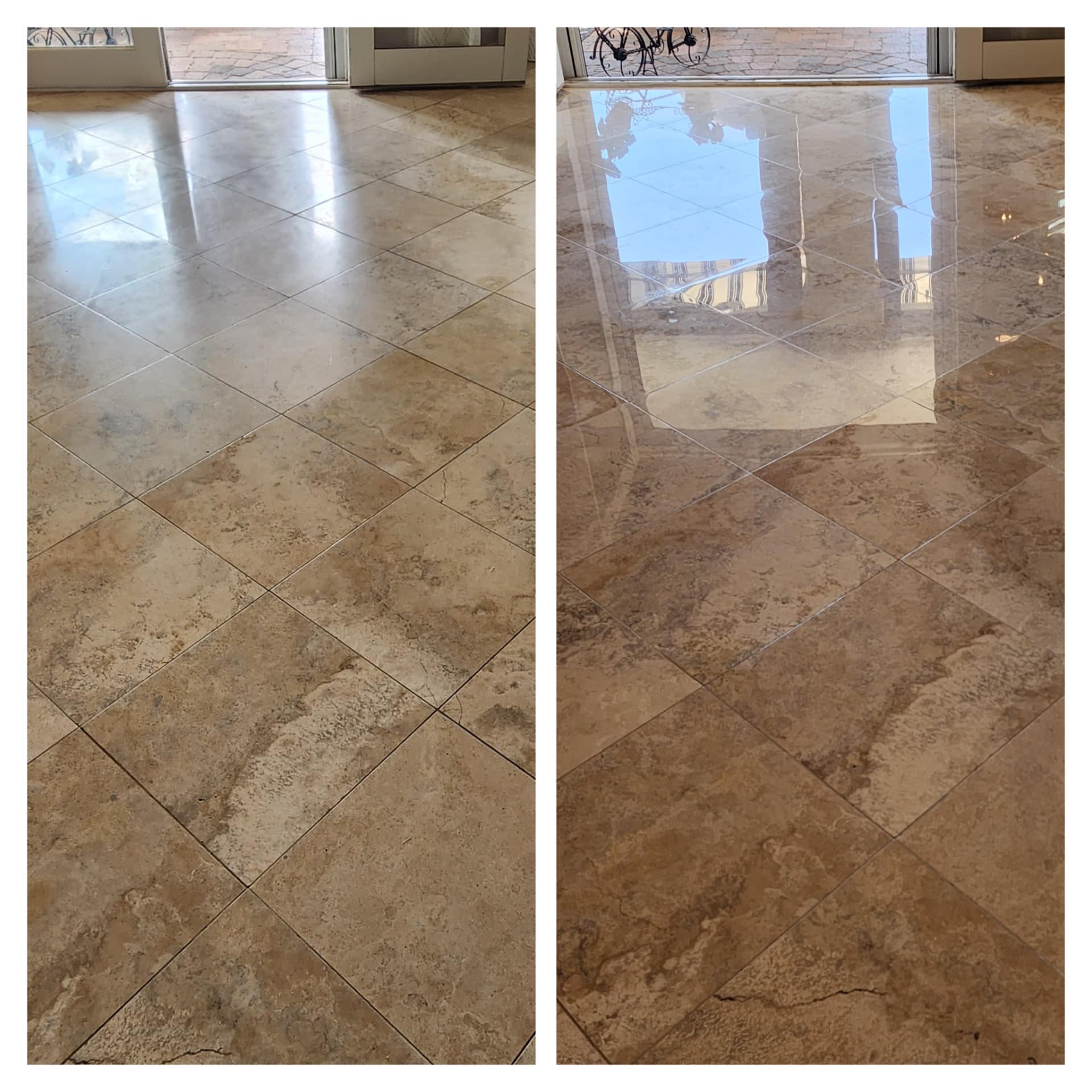 Before and after travertine entry floor grinding and polishing in a Mesa AZ home - a dull etched foyer floor ground flat and polished to a high gloss reflective finish