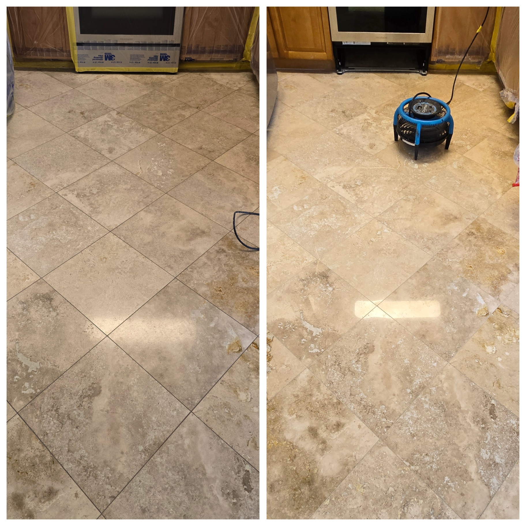 Before and after of a Chandler AZ travertine kitchen floor cleaned behind the pulled range with grout repaired and waterproofed to prevent damage from leaking water lines