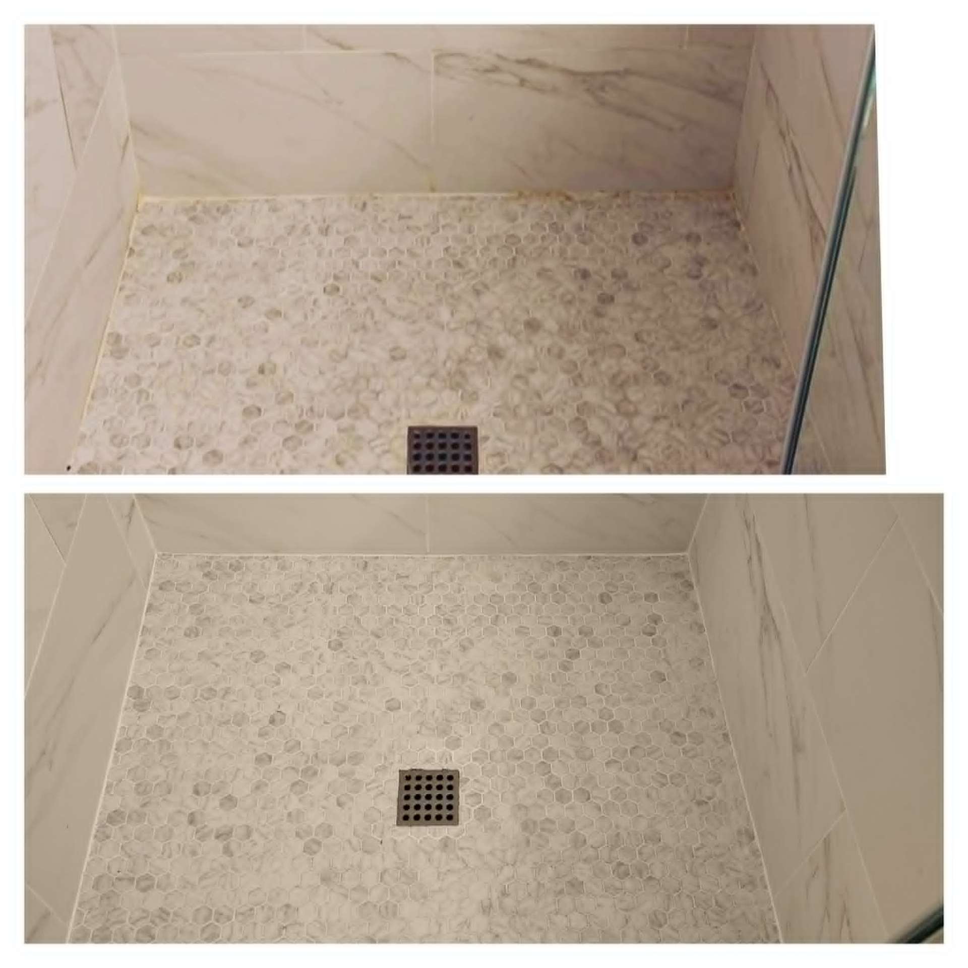 Real Lazona before and after of a Gilbert marble hexagon shower floor with heavy orange hard water and rust staining restored to pristine gray and white