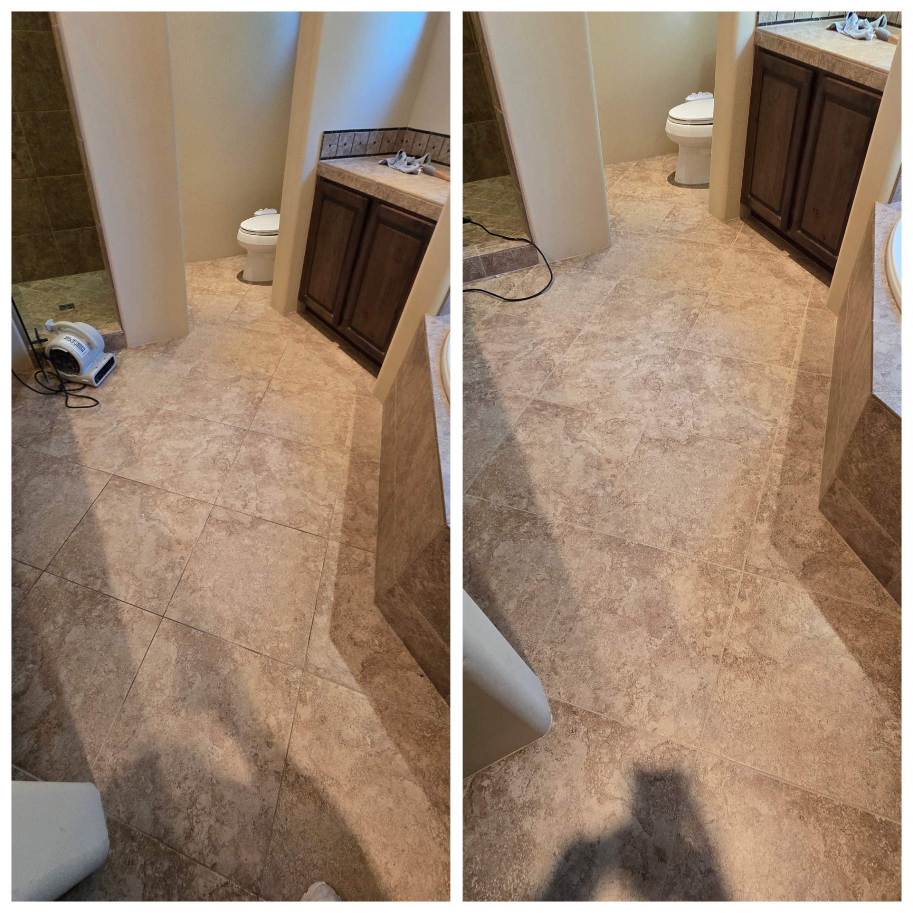 Before and after of a Mesa AZ travertine look tile bathroom floor cleaned, grout repaired and color restored with baseboards resealed by Lazona Tile Care