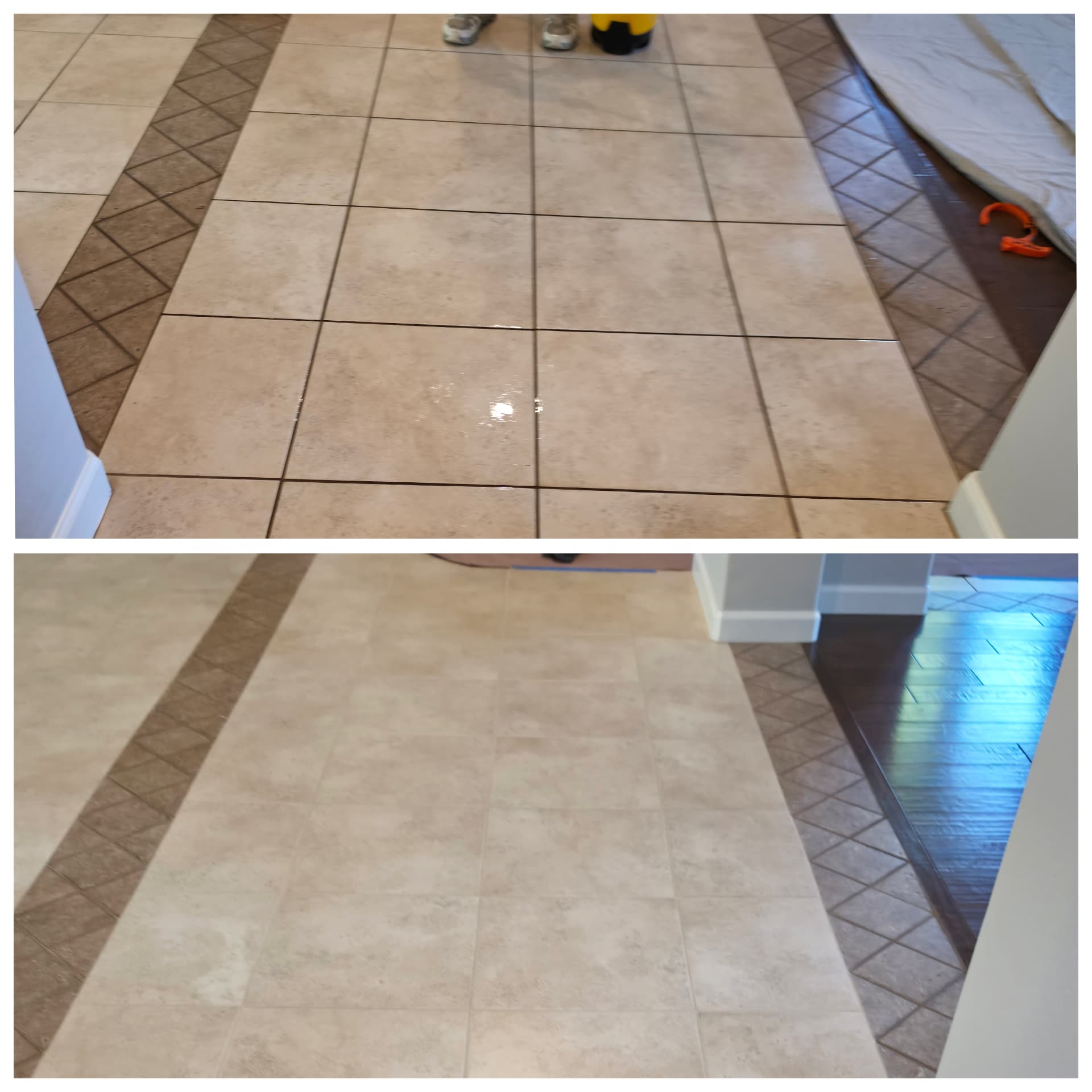 Before and after grout color restoration on a ceramic tile entry floor in Chandler AZ - permanently stained dark grout lines and a dirty diamond-pattern border restored to one uniform sealed color that never has to be sealed again
