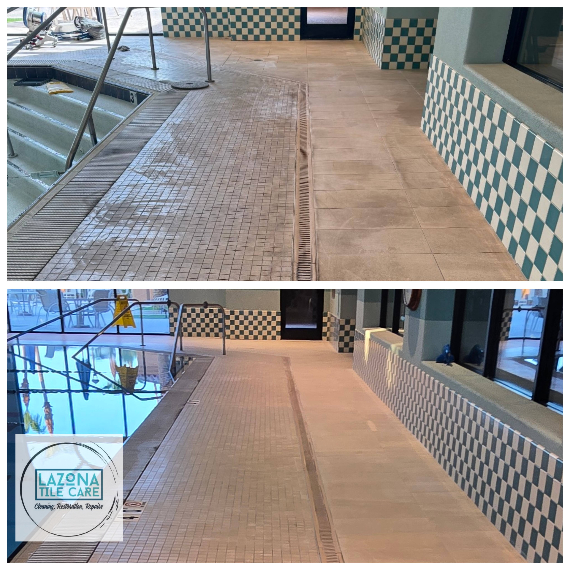 Before and after indoor pool deck tile and grout cleaning by Lazona Tile Care at an Arizona natatorium , mineral haze and efflorescence removed from porcelain deck tile and mosaic non slip surround