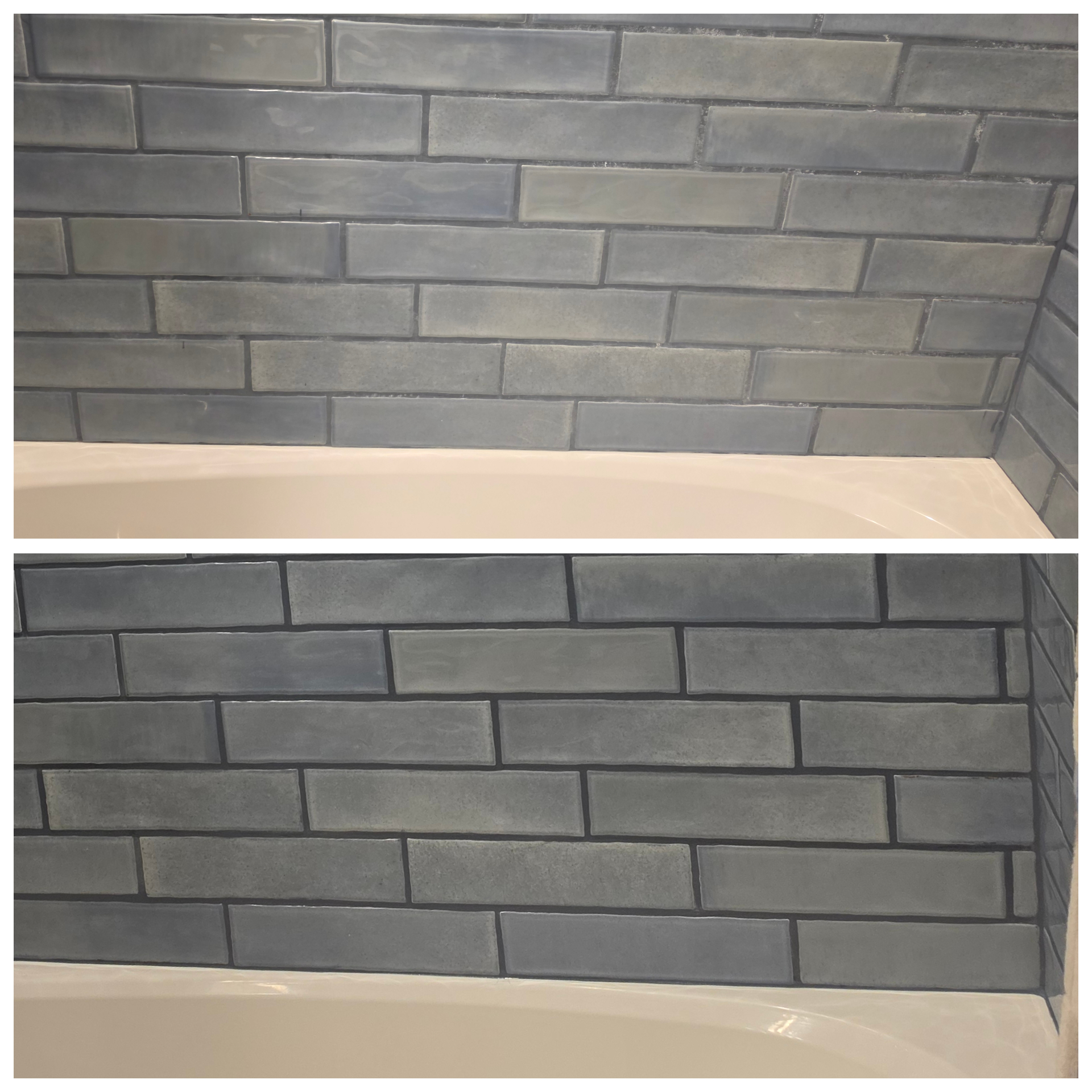 Stacked before-and-after grey subway-tile tub surround, with pale chalky-looking joints above and dark consistent restored grout below