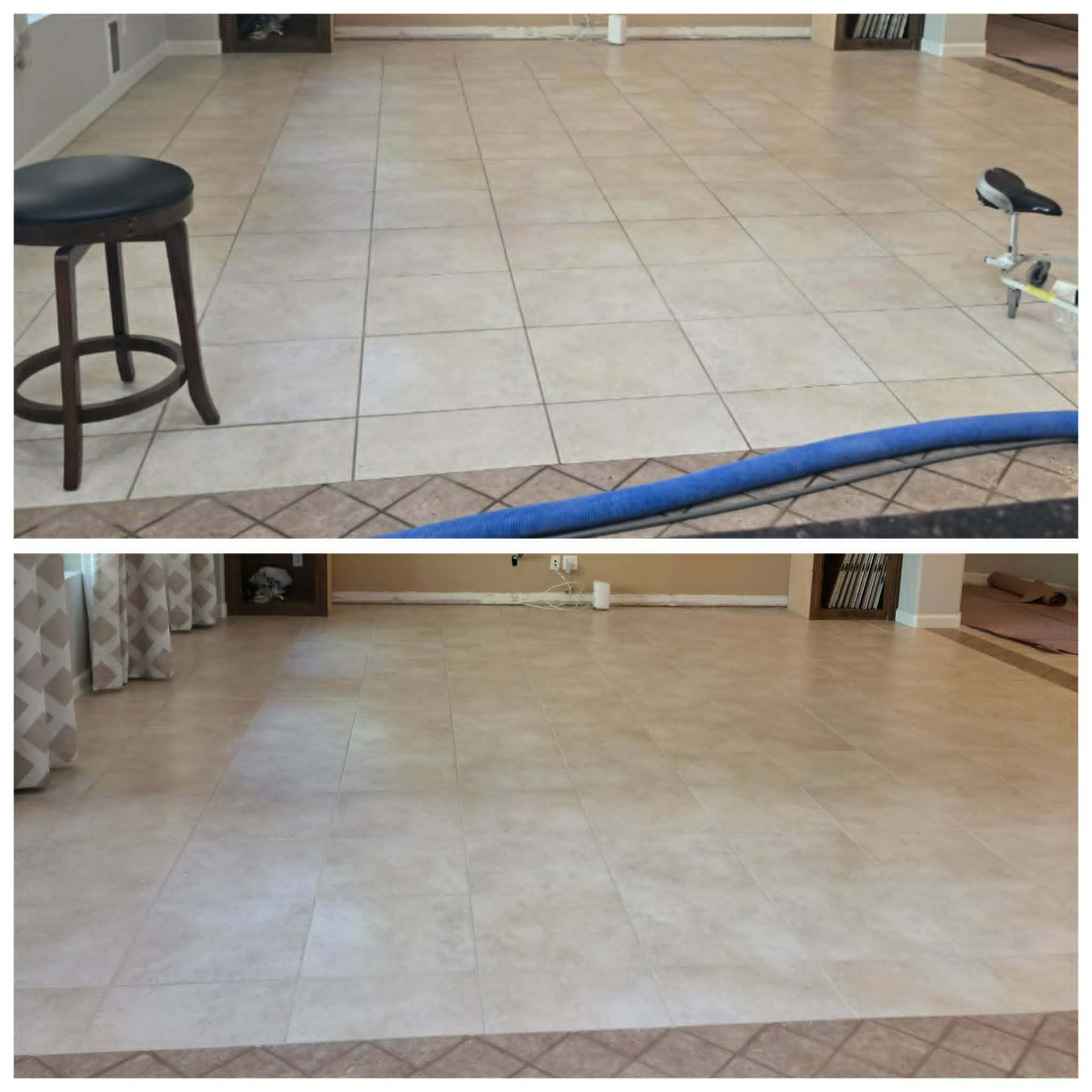 Before and after ceramic tile floor and grout deep cleaning and color restoration in a Chandler AZ living room by Lazona Tile Care