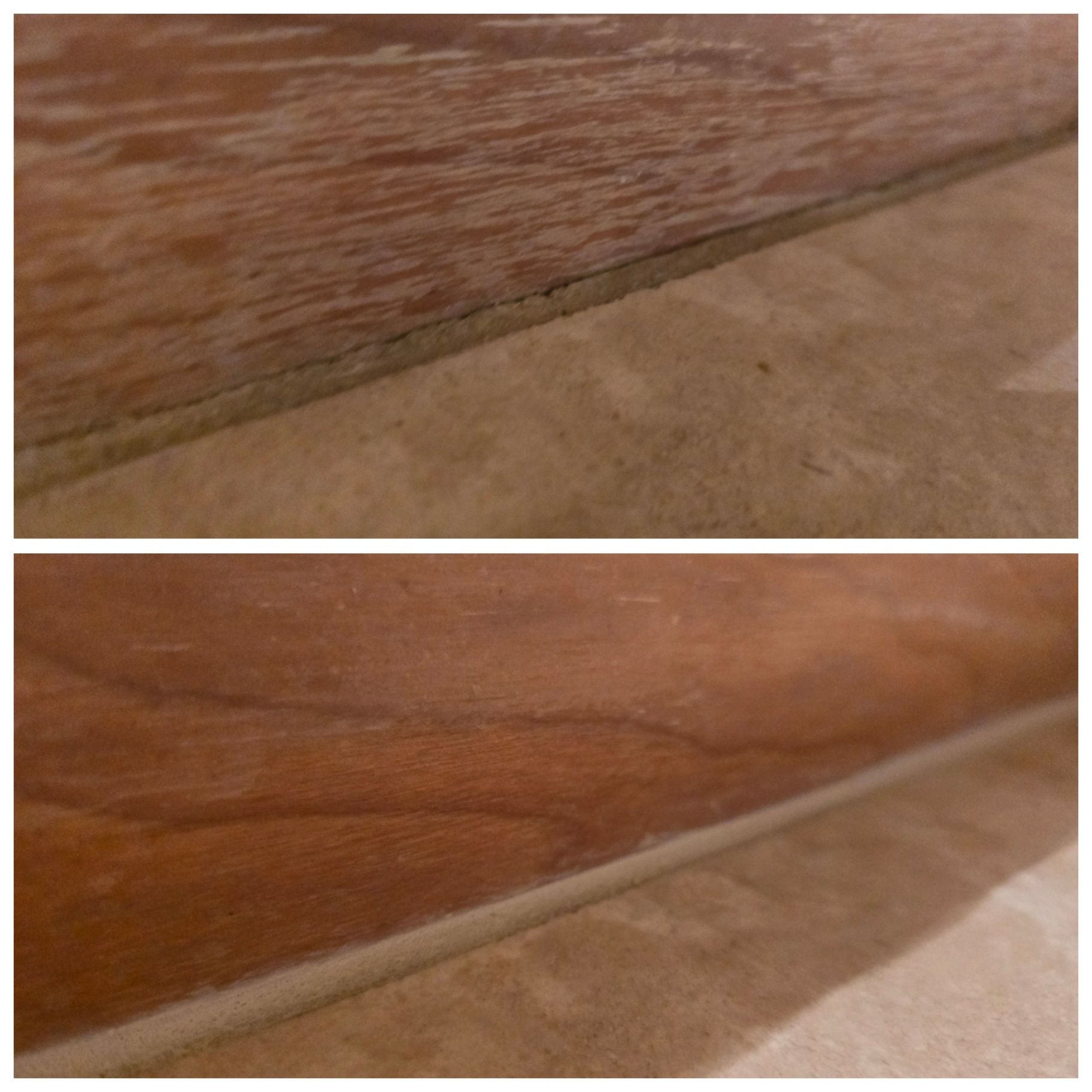 Before and after close up of a wood cabinet toe kick in Chandler AZ with an open dirt-filled gap at the tile, repaired and sealed to a clean tight line