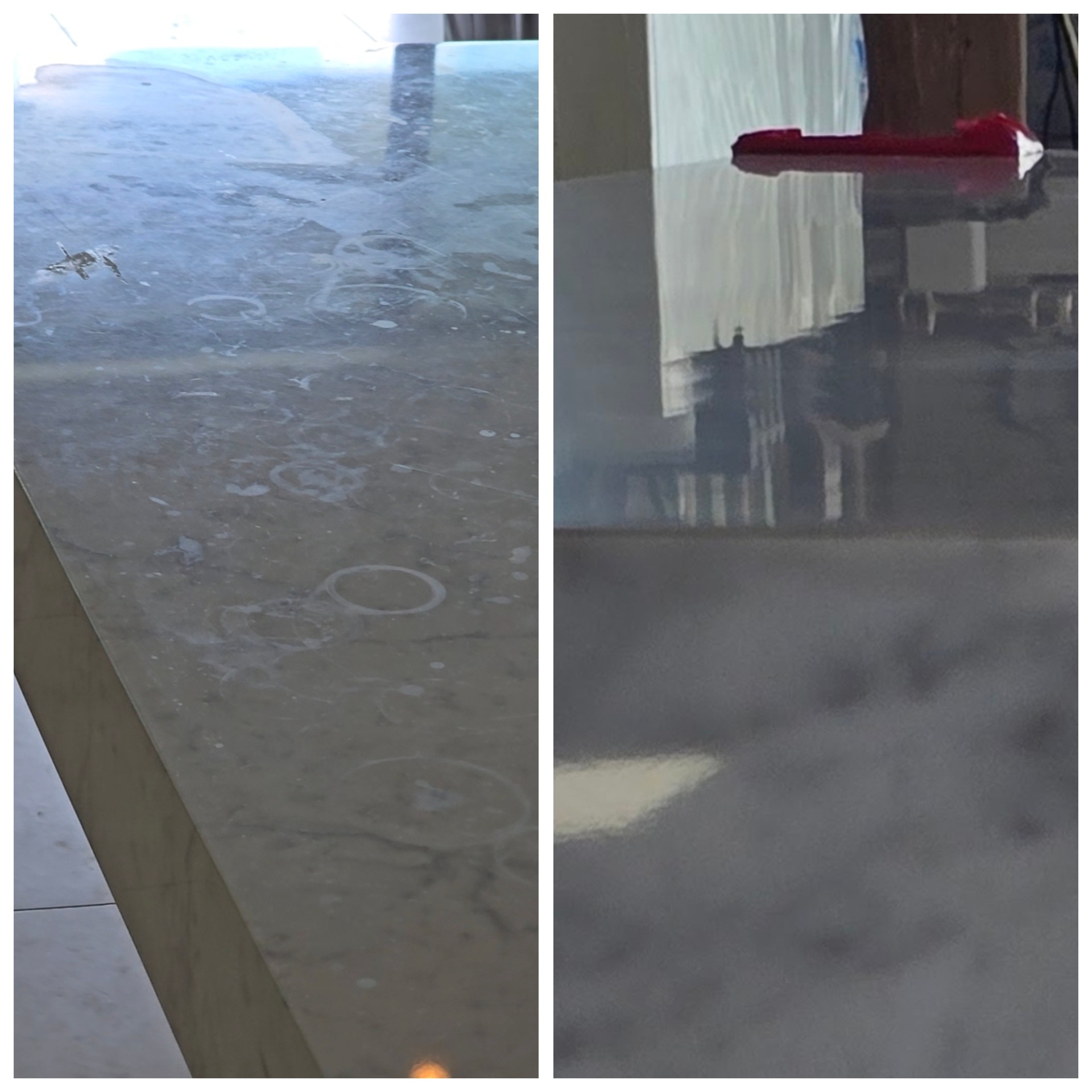 Before and after of a grey marble countertop in Gilbert AZ covered in glass rings and acid etch marks re-cut with diamond abrasives, polished and sealed