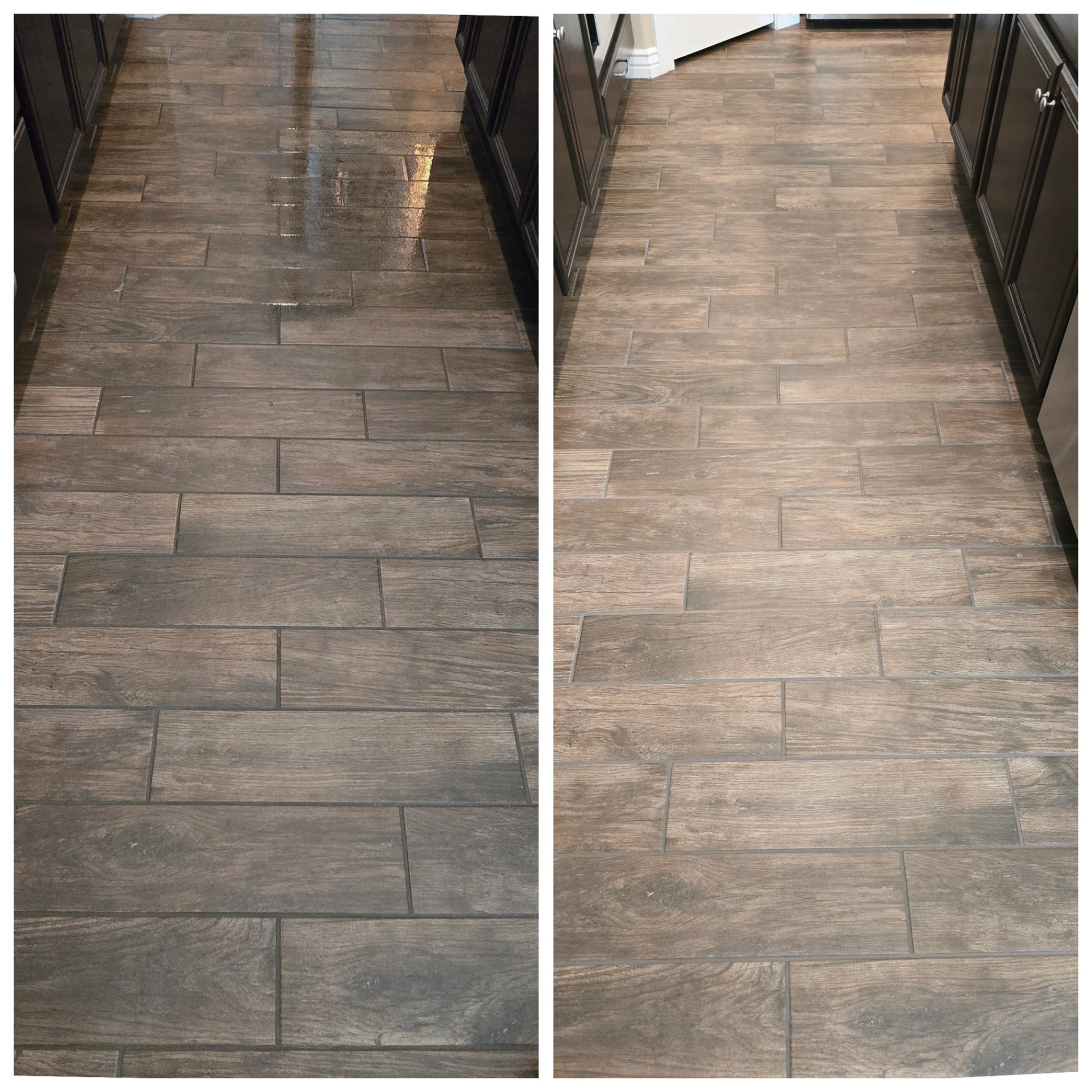 Before and after of a Gilbert AZ wood look plank tile floor with darkened narrow grout joints restored to a clean uniform color by Lazona Tile Care