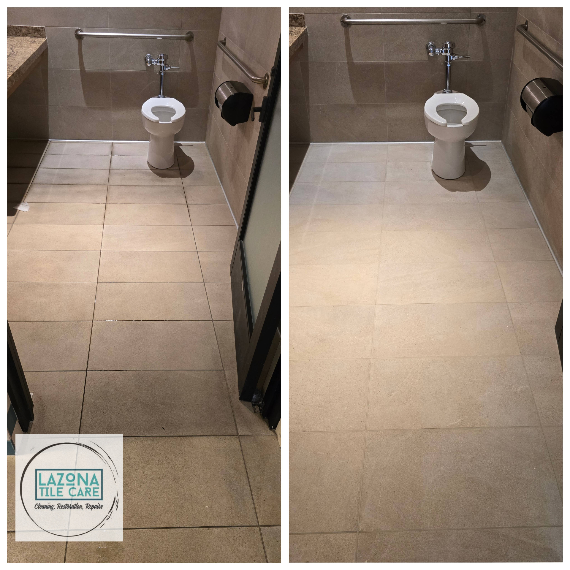 Facility Restrooms, Lobbies and Pool Decks: Why Grout Heavy Areas Need Repair and Sealing, Not More Scrubbing Before and after commercial restroom tile and grout restoration in Chandler Arizona showing dark stained grout lines beside a toilet and ADA grab rail on the left and uniform light sealed grout joints on the right