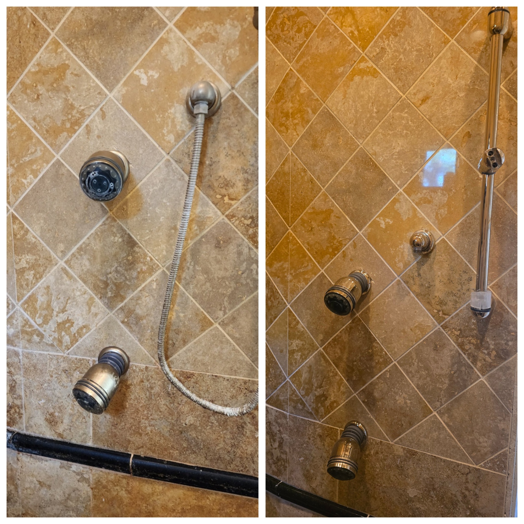 Before and after of an Arizona travertine shower wall with hard water streaking around tarnished valves and shower heads restored to clean stone with polished chrome fixtures