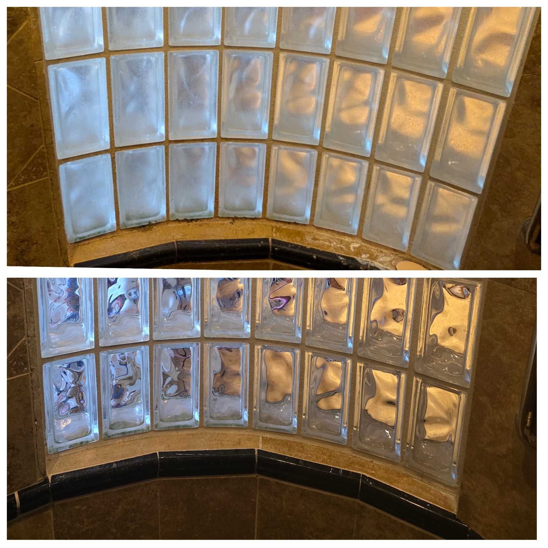 Before and after of a curved glass block shower window in Arizona clouded with hard water film and mildew at the sill restored to clear glass with clean stone trim