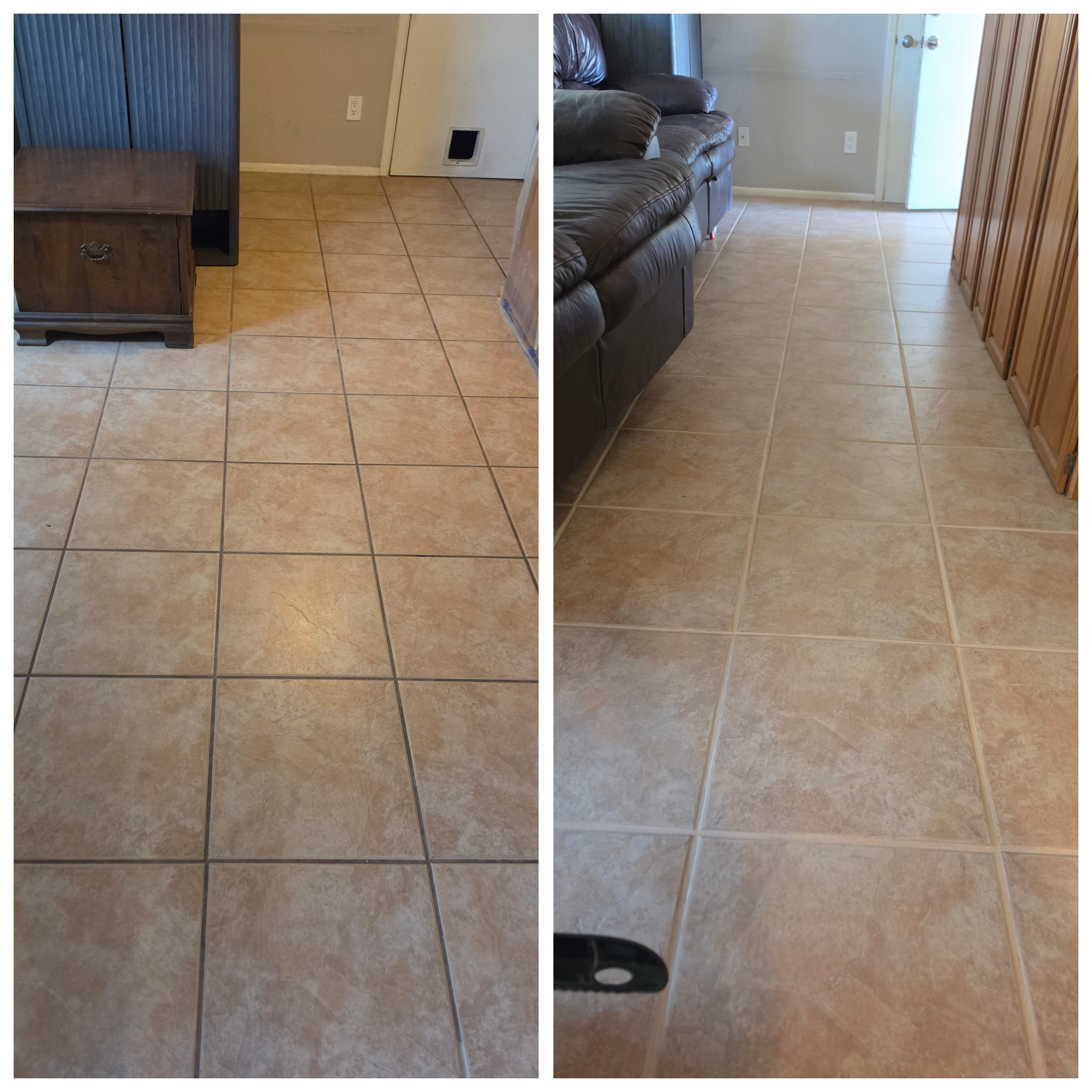 Side-by-side beige living-room tile floor with dark stained grout before and lighter uniform grout after restoration, beside a brown leather sectional