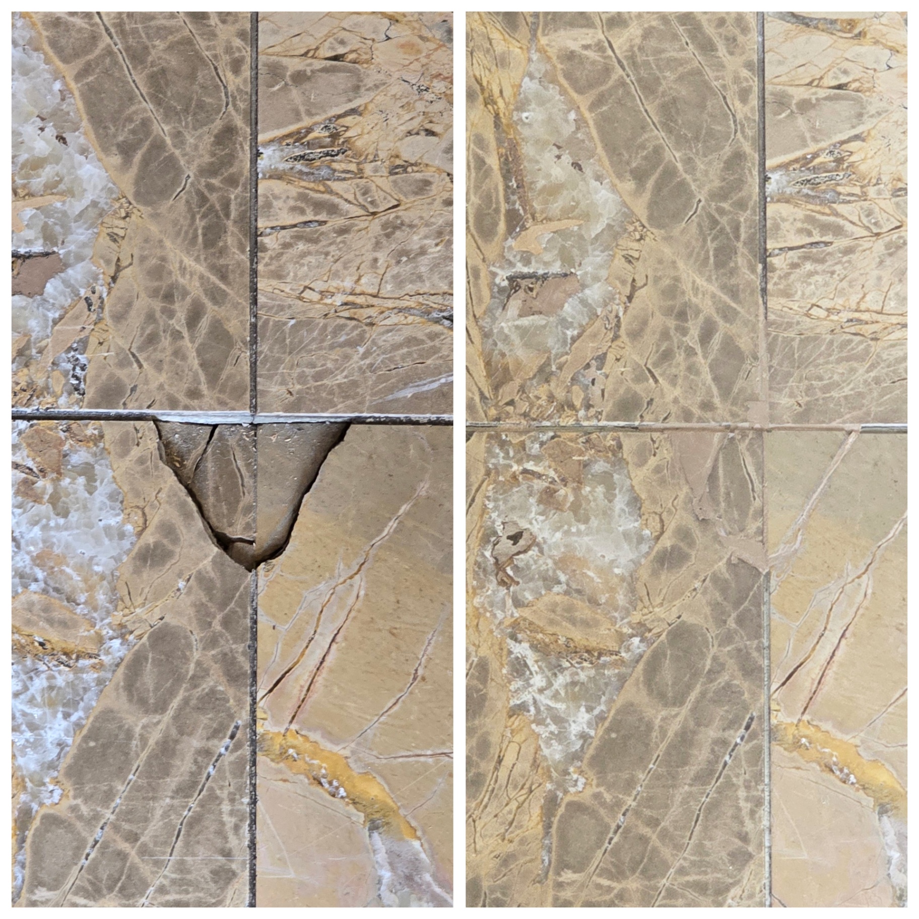 Before and after close up of a Rain Forest marble floor in Gilbert AZ with a large chipped out section at a grout intersection filled with color matched epoxy and refinished