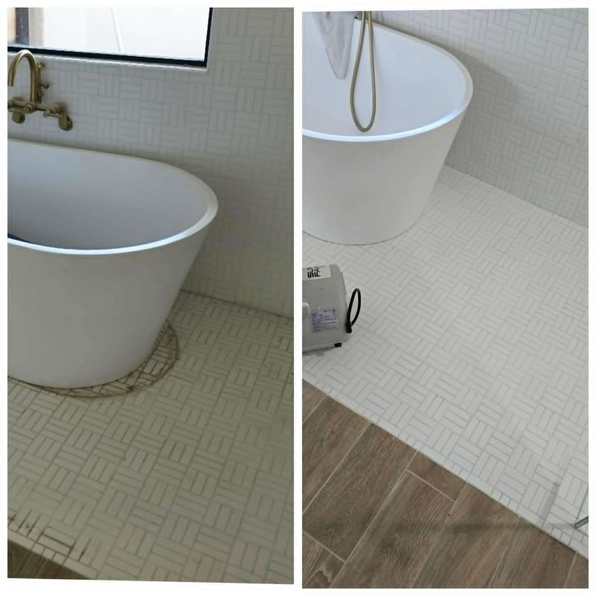 Real Lazona before and after of a white basketweave mosaic bathroom floor around a freestanding tub with dingy gray grout restored to bright uniform white