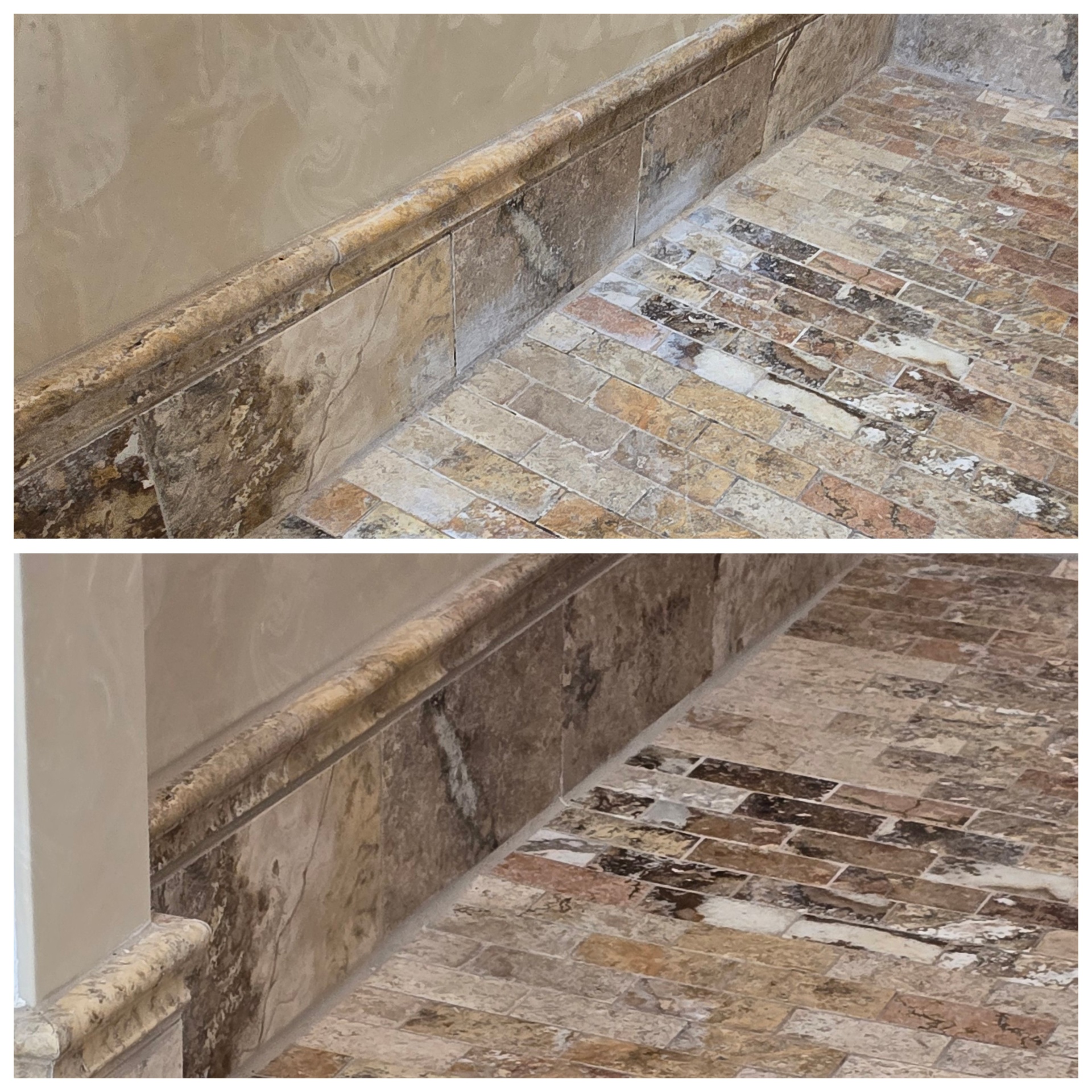 Travertine shower baseboard and brick pattern floor in Mesa AZ showing spalling erosion repaired, honed and sealed