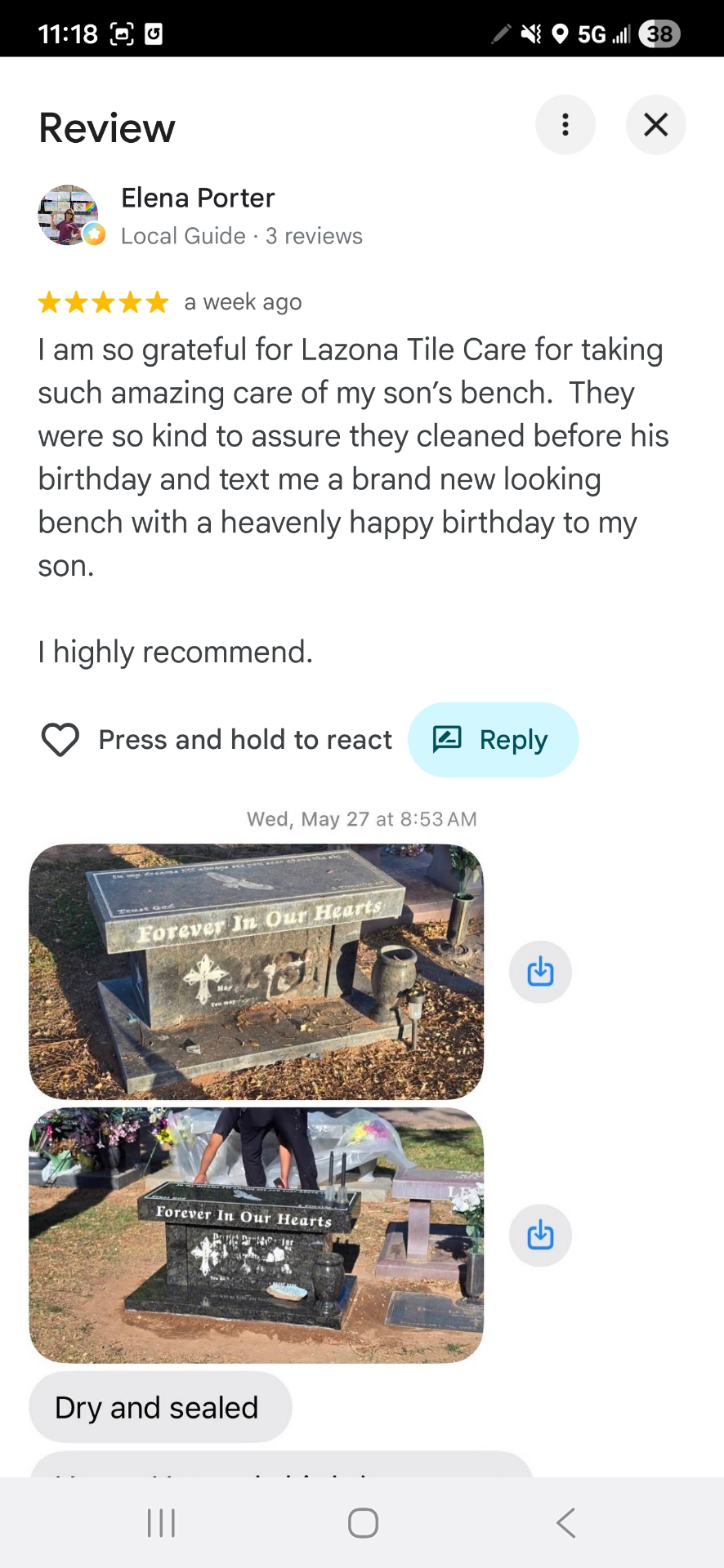 Five star Google review from Elena Porter thanking Lazona Tile Care for cleaning and sealing her son's memorial bench before his birthday