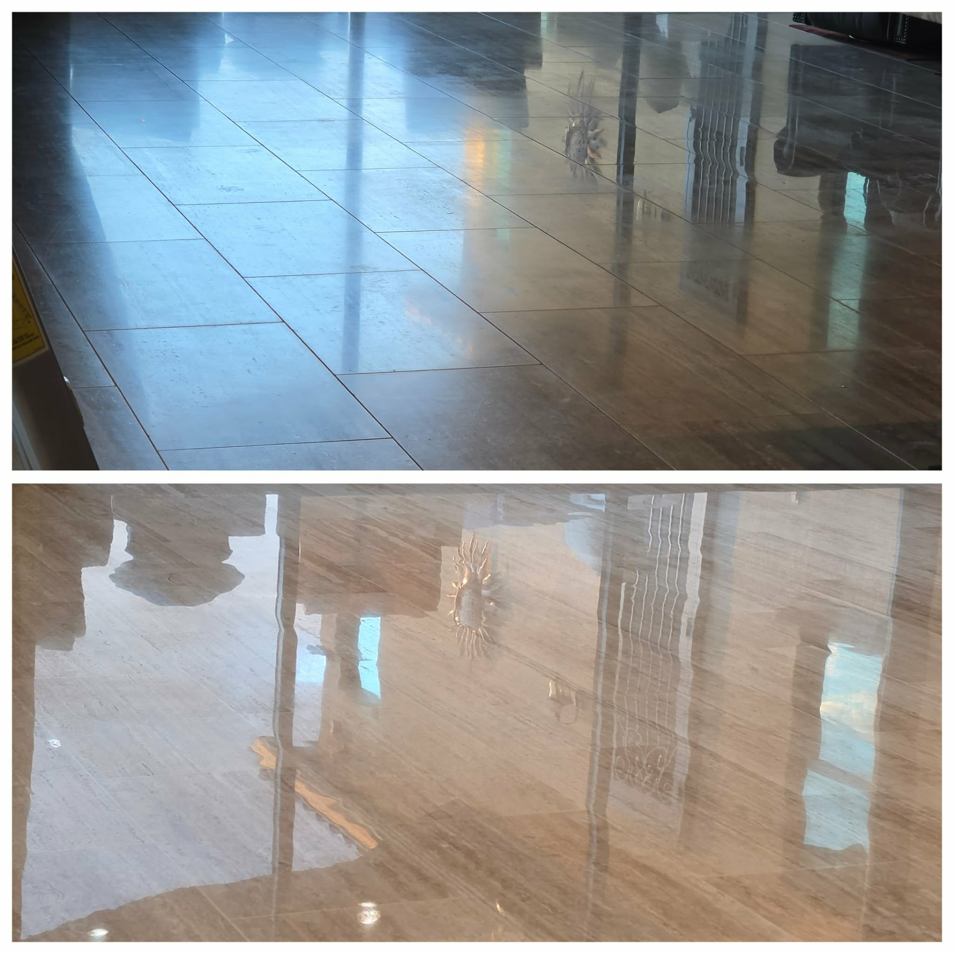 Travertine floor before-and-after comparison showing defined tile joints above and sharper reflections of furniture and window frames after refinishing below
