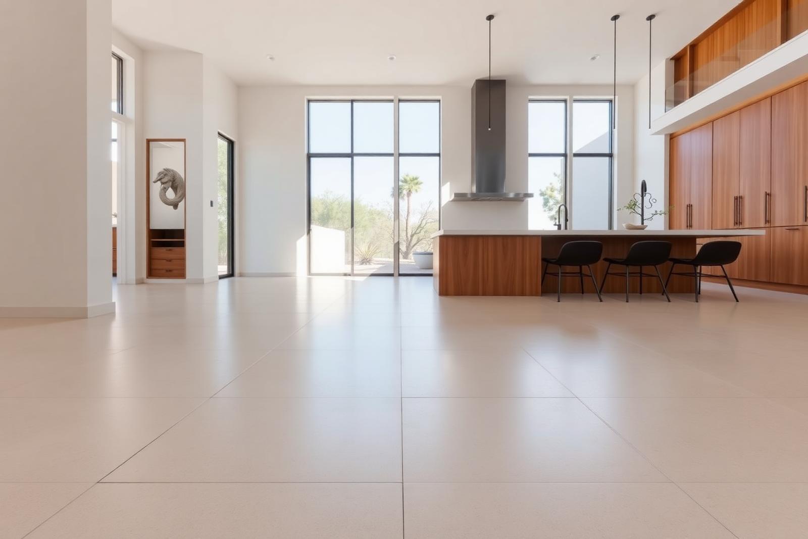 Large format matte porcelain tile floor in a bright Arizona desert home with narrow uniform grout lines and warm wood cabinetry