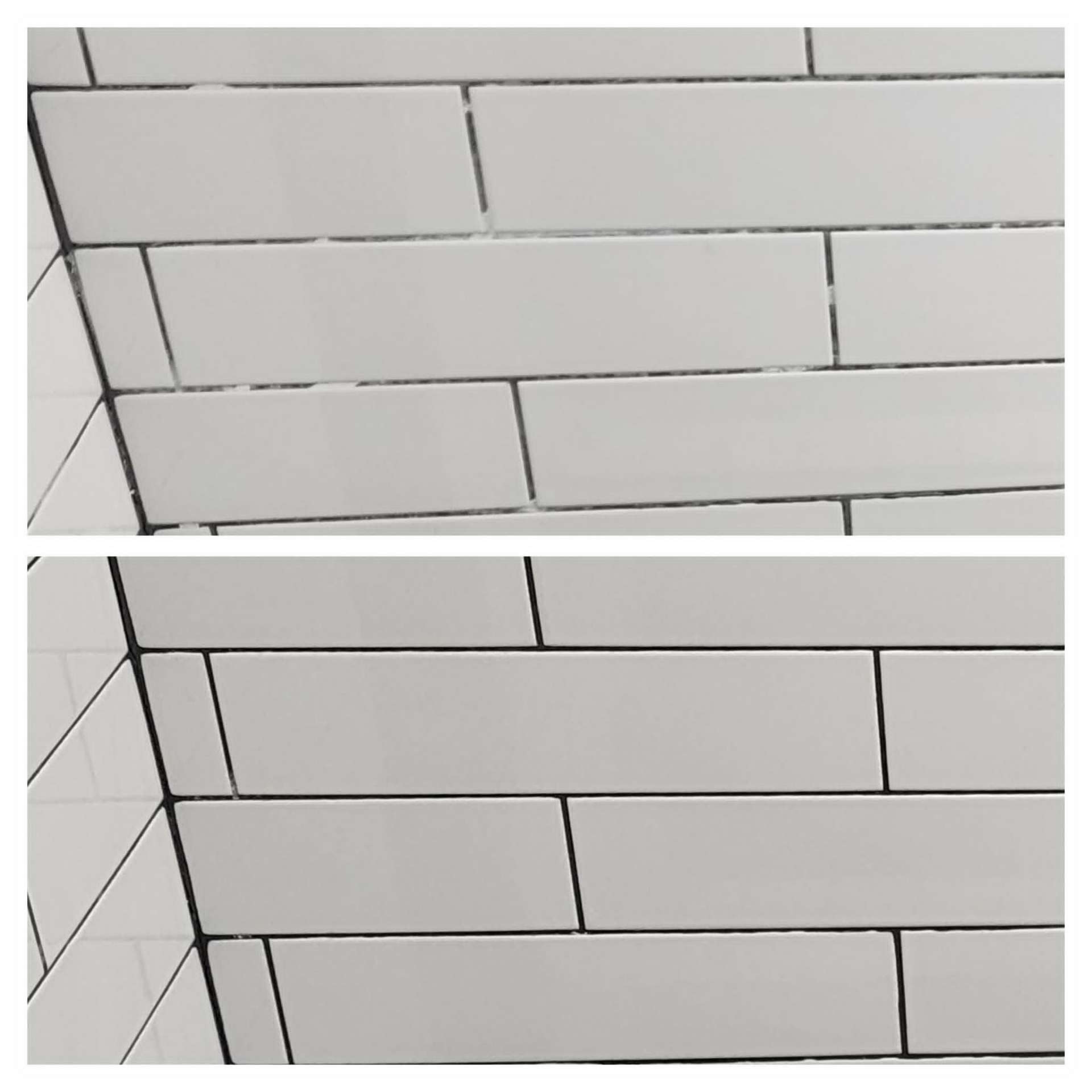 Lazona Tile Care vs. DIY: Why Vinegar and Grocery Store Sealers Fail White subway tile bathroom in Chandler AZ with bleached and yellowed grout before Lazona color seal restoration