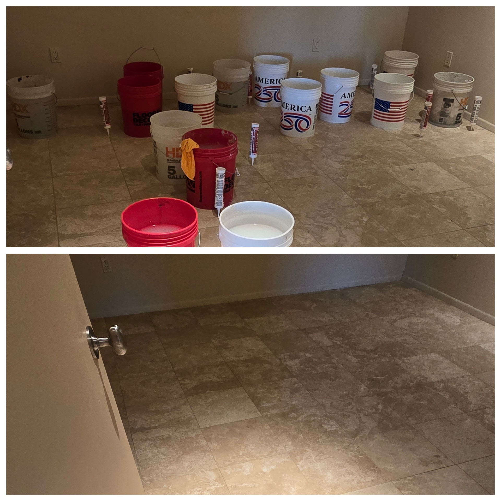 Before and after of a travertine-look tile room in Mesa AZ where a cluster of hollow tiles was weighted with buckets during adhesive injection, then finished as a solid uniform floor