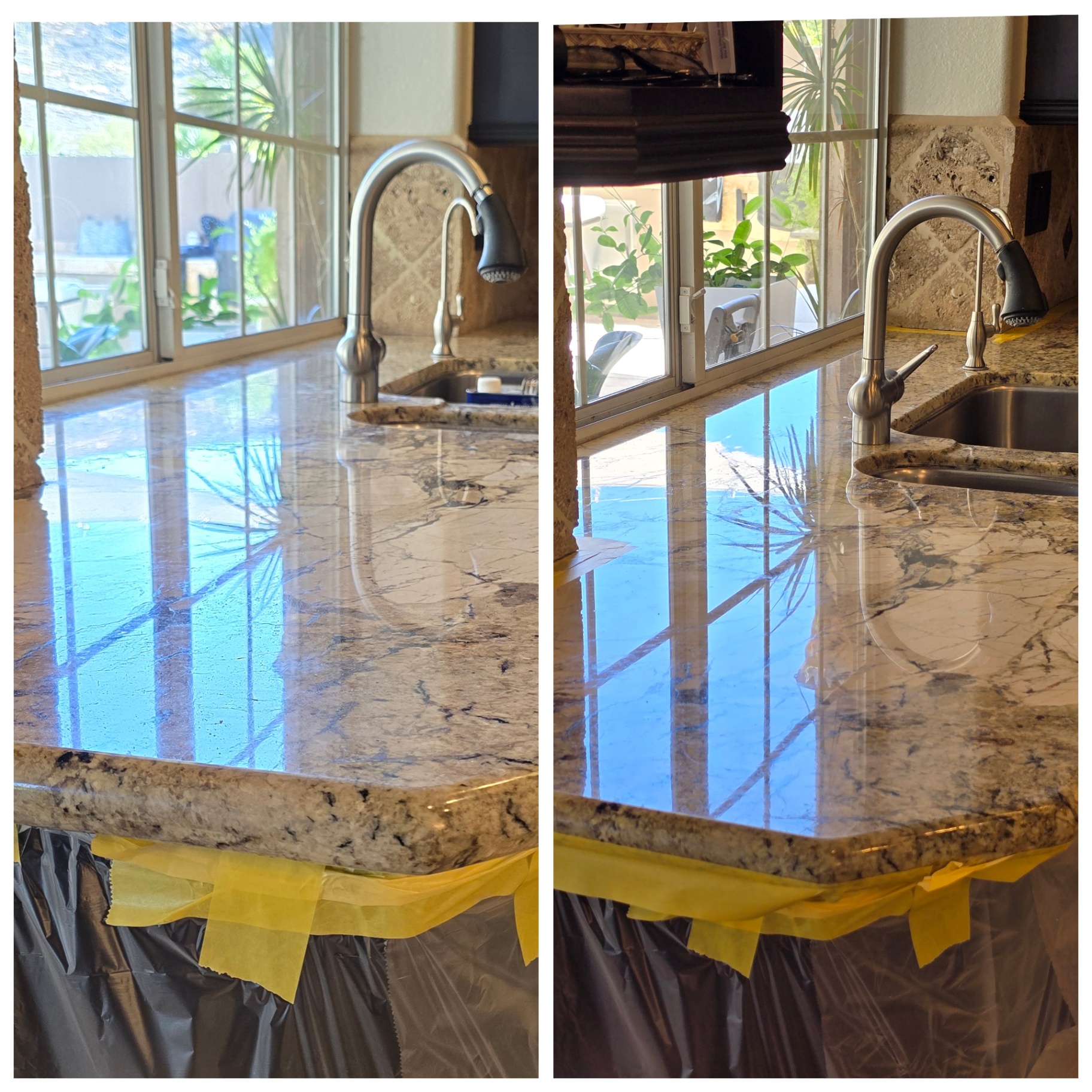 Before and after of a cream and gold granite kitchen countertop in Gilbert AZ with dull worn areas around the sink re-polished to a uniform gloss and sealed