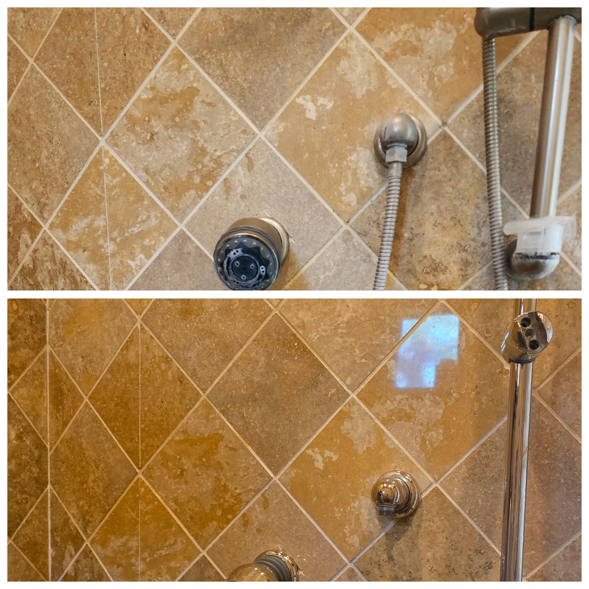 Before and after of a diagonal travertine shower wall in Arizona showing dull etched stone with hard water haze restored to a warm honed finish with clean grout joints