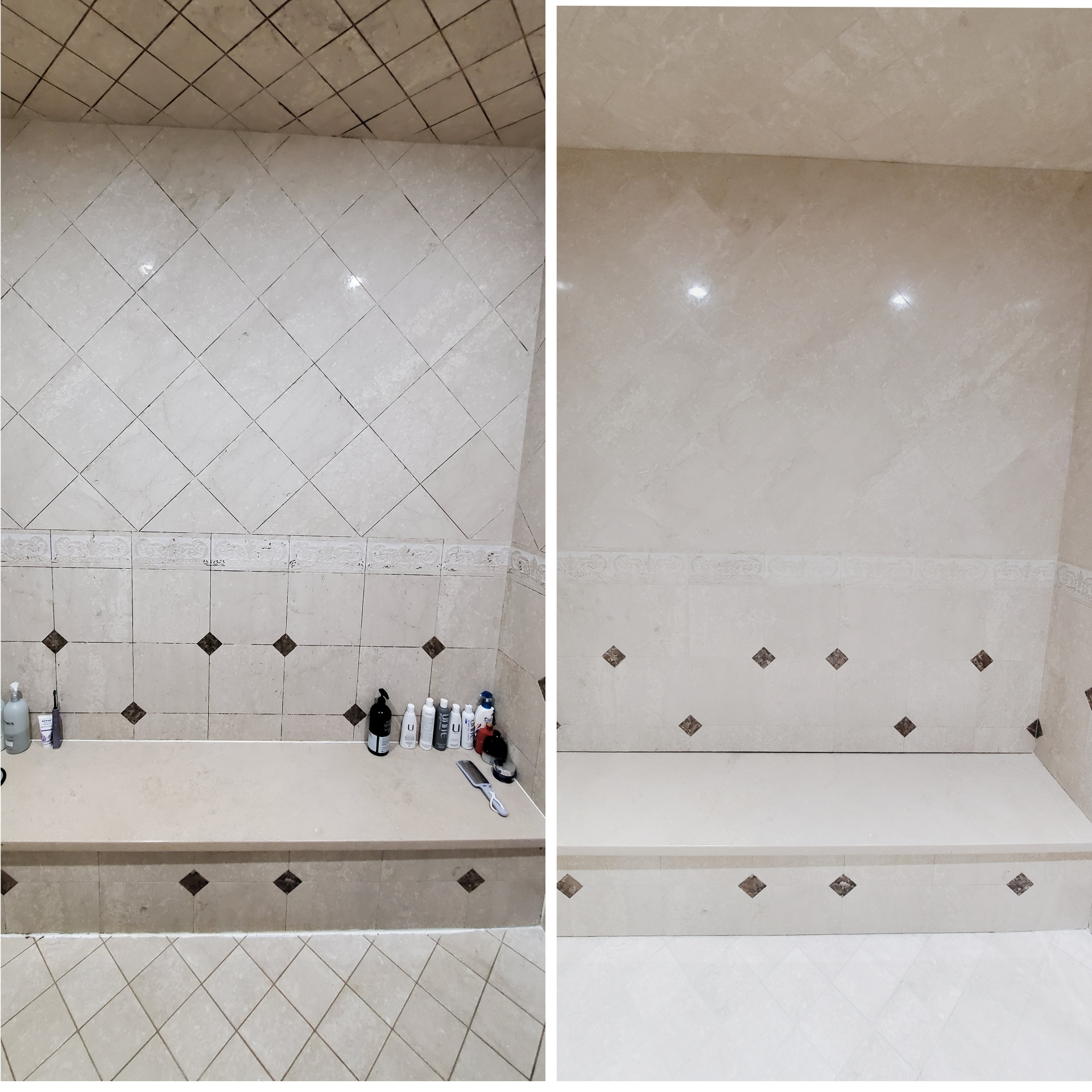 Before and after of a travertine shower in Scottsdale AZ with darkened eroded grout joints, a dingy decorative border and a hard water filmed bench restored to a bright uniform honed finish by Lazona Tile Care