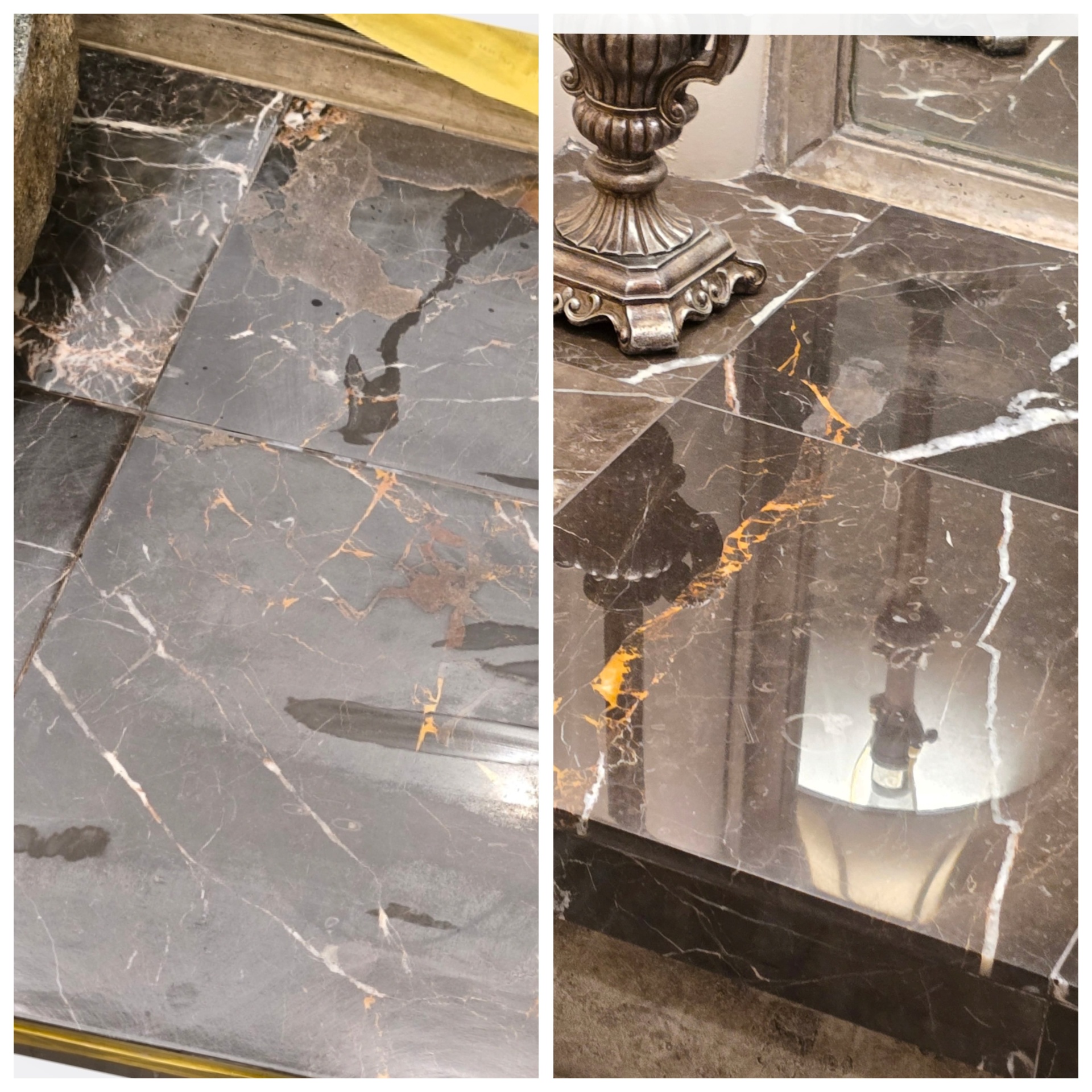 Before and after of a grey and gold marble entry surface in Gilbert AZ with dark absorbed water stains poulticed out, honed, polished and sealed