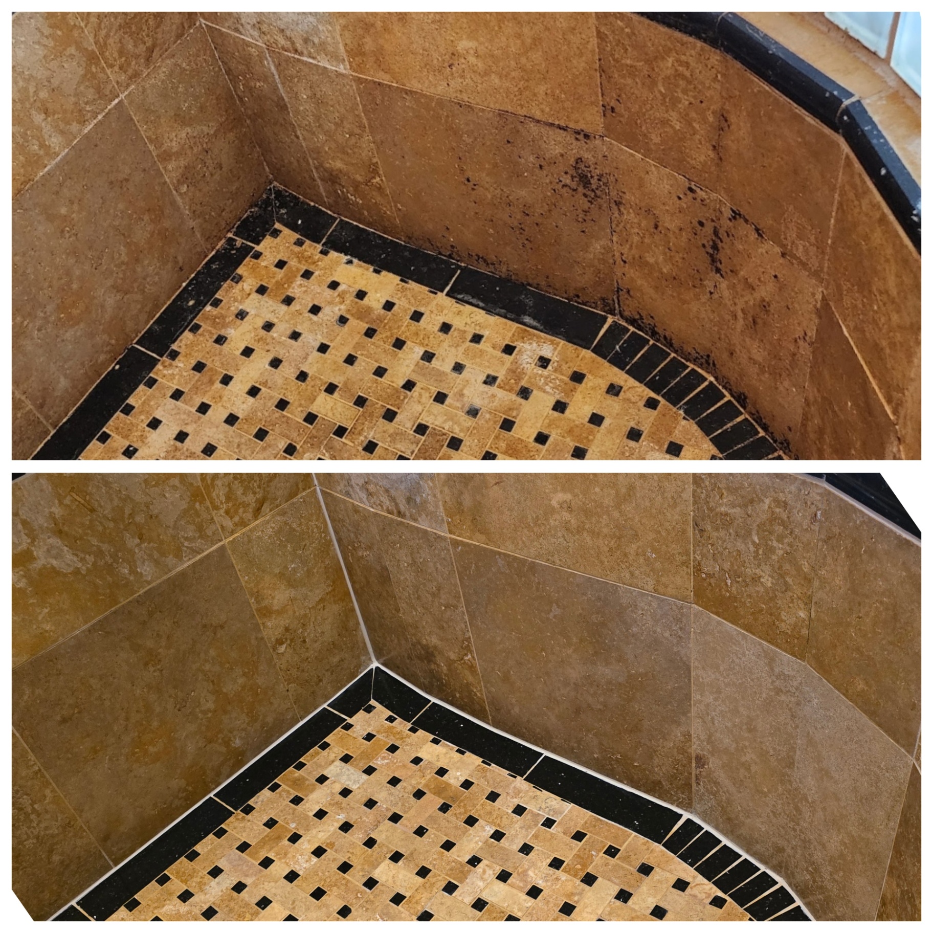 Before and after of an Arizona travertine shower corner with black mildew staining and eroded grout at the wall to floor transition restored to clean stone, fresh grout, and new silicone