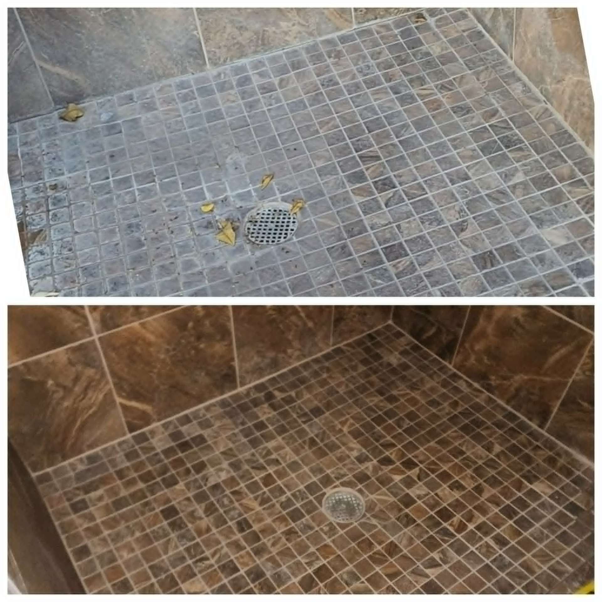 Before and after commercial shower floor restoration with grout cleaning and color sealing in Arizona