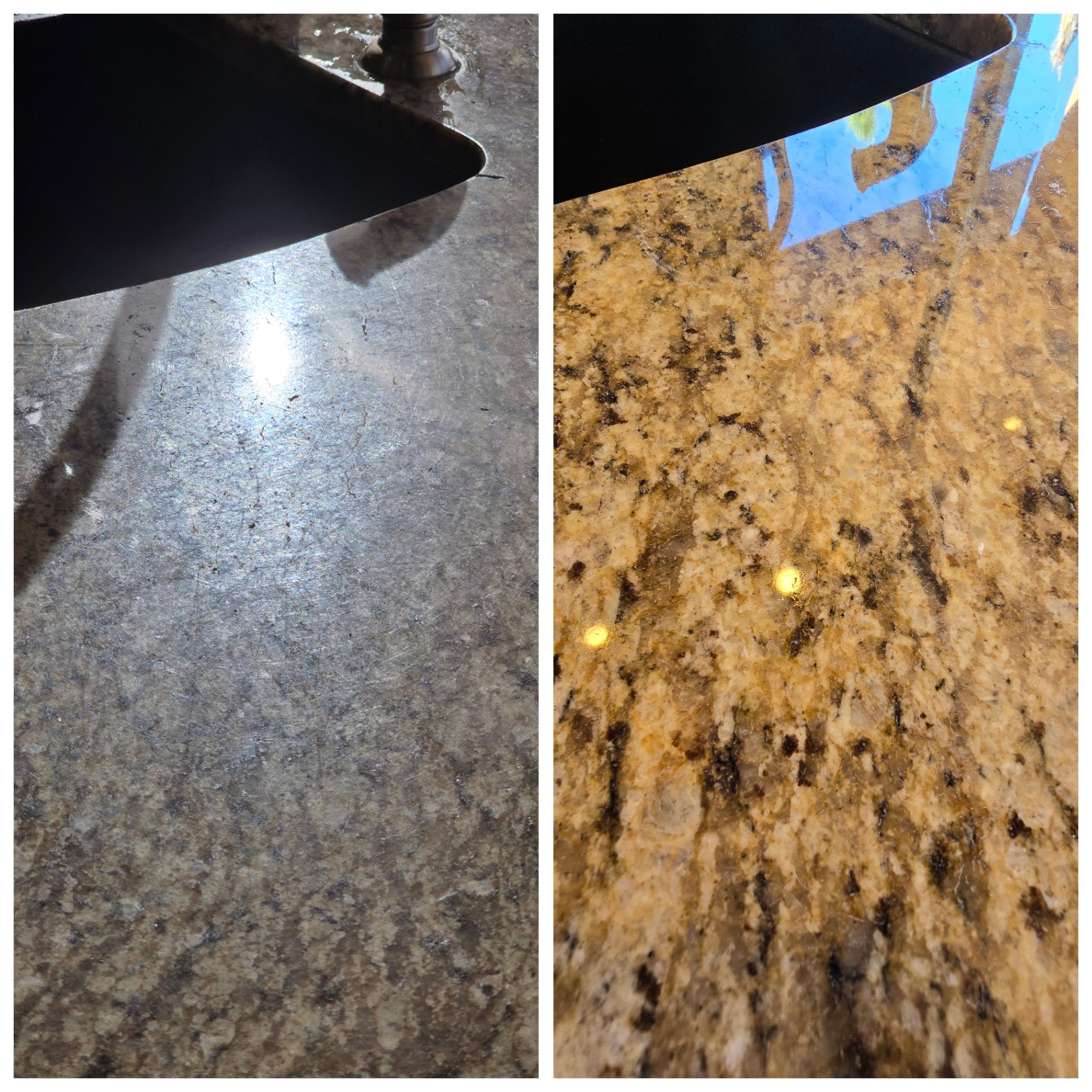 Before and after of a granite kitchen countertop in Gilbert AZ with a grey dull hard water film stripped, mechanically polished for depth and sealed