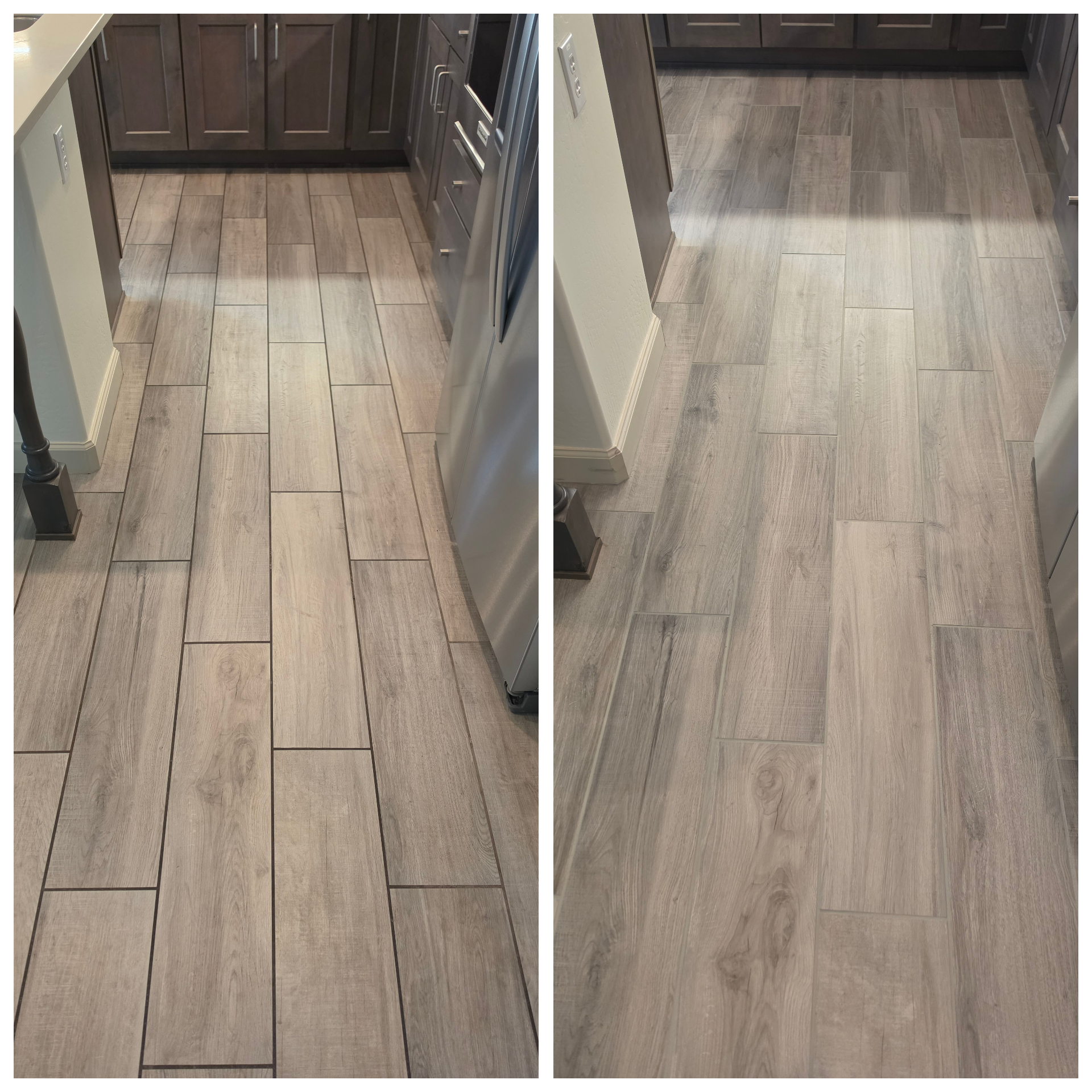 Wood-look plank tile kitchen floor before and after grout restoration, with dark grout on the left and lighter joints on the right near dark cabinets and a stainless refrigerator