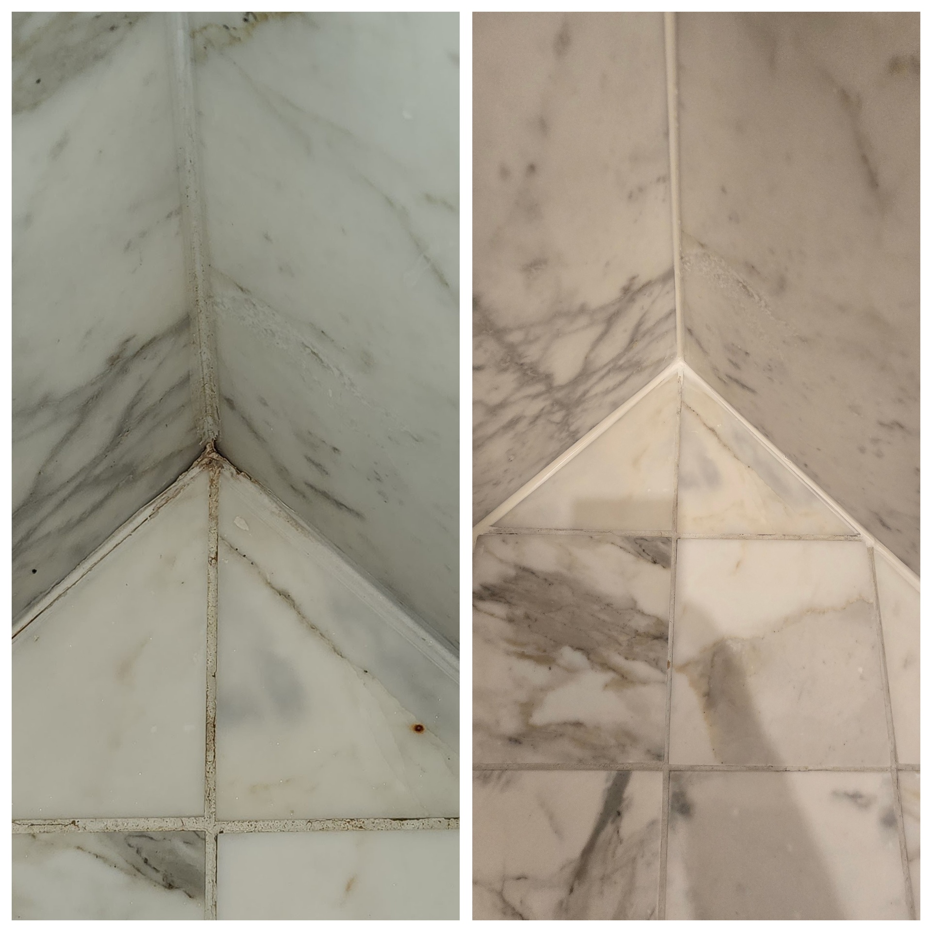 Marble shower corner in Mesa AZ with moldy failed grout and caulk removed, rebuilt with new silicone and color sealed grout