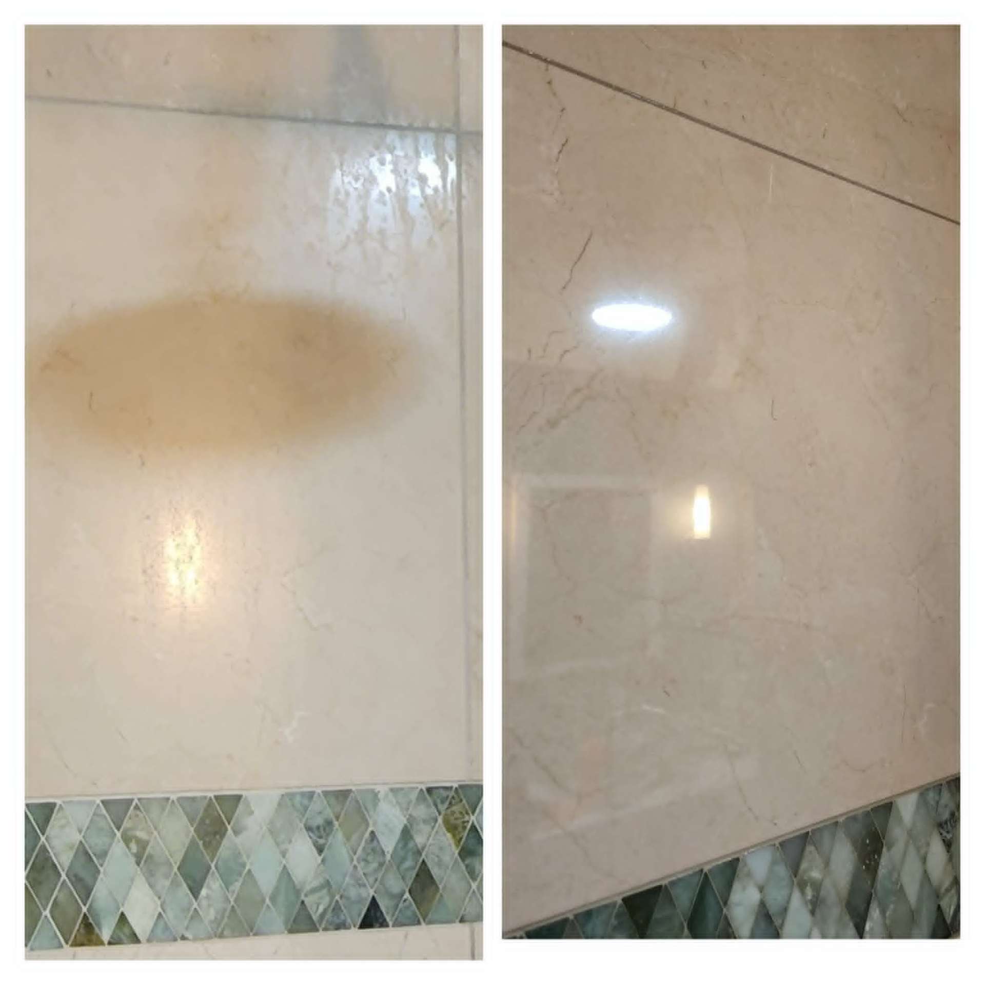 Real Lazona before and after of a marble wall with a large etch and stain mark honed and polished back to a pristine polished finish in an Arizona home