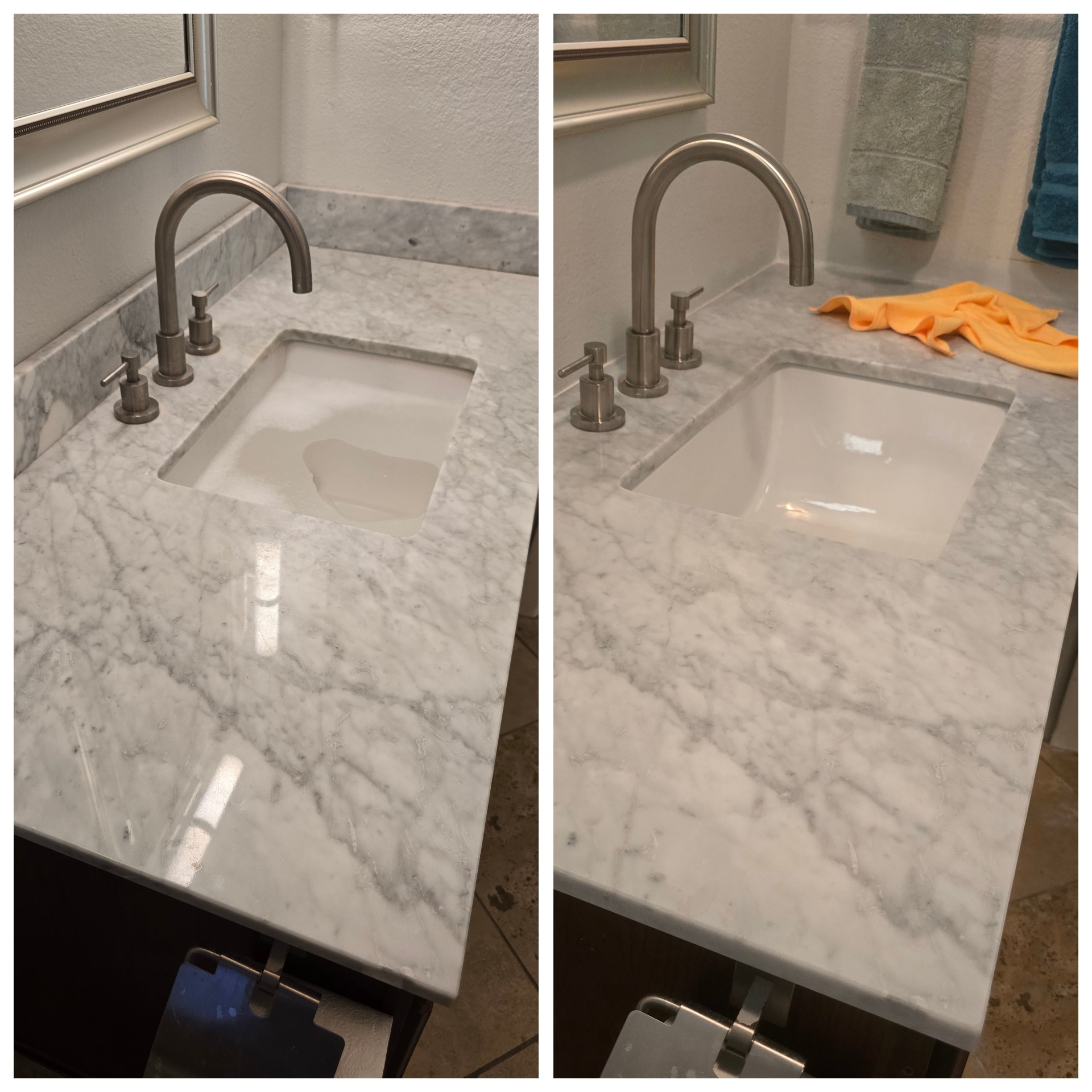 Before and after of a Carrara marble bathroom vanity in Gilbert AZ with scratches and etching honed out, polished uniform, resealed and re-siliconed around the undermount sink