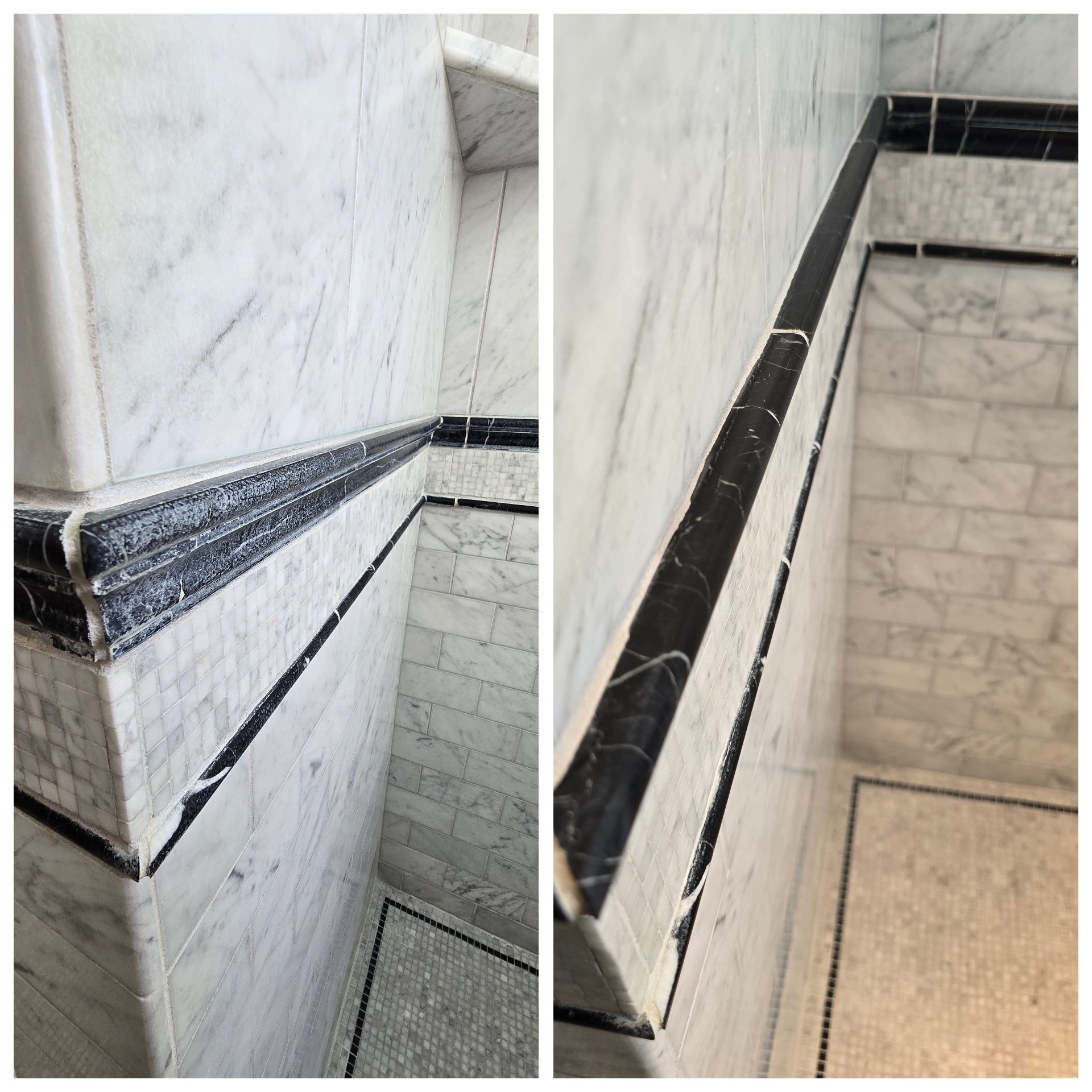 Black marble pencil trim in a Scottsdale AZ shower with mineral crust and mold treated, polished and re-siliconed
