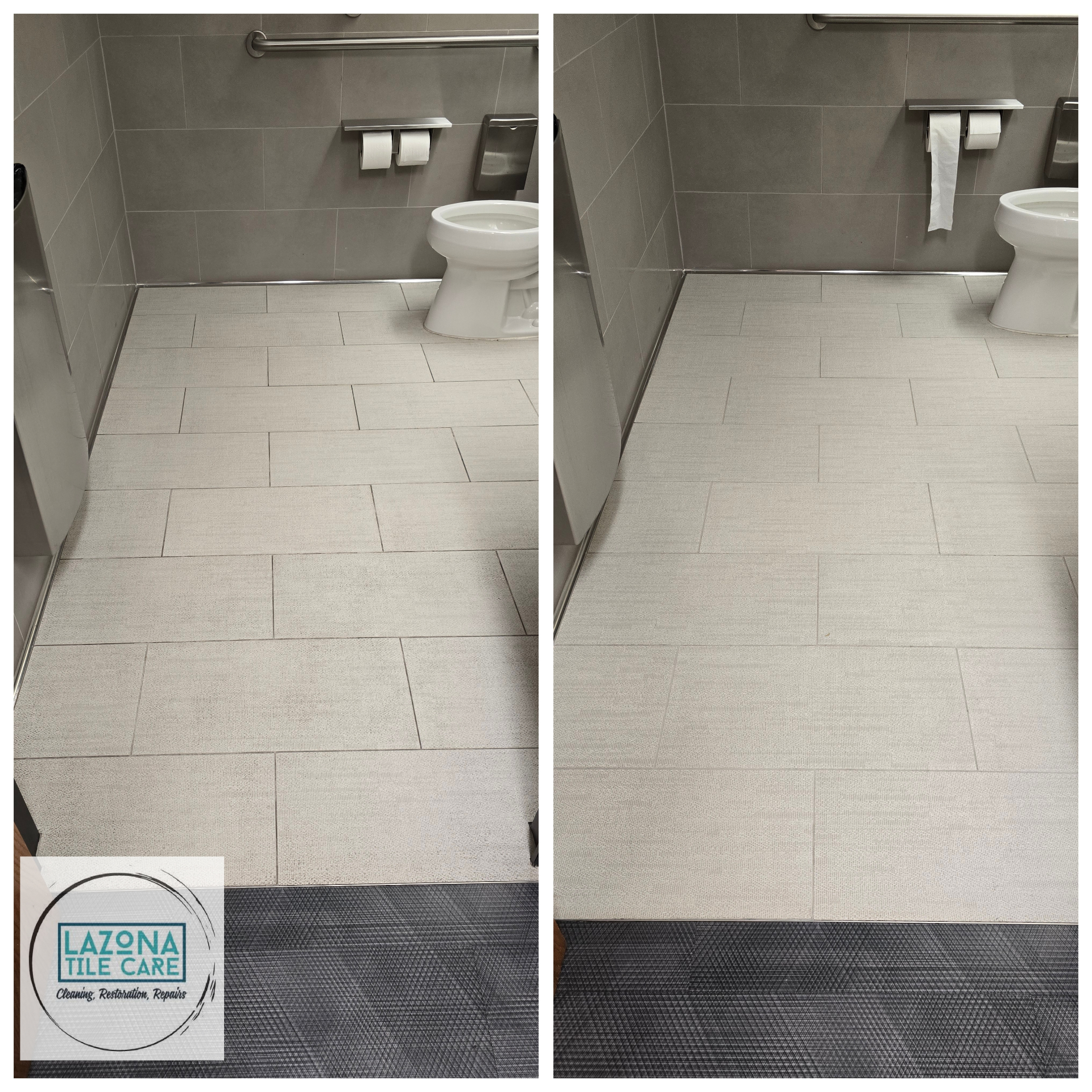 Before and after office building public restroom porcelain floor and grout deep cleaning by Lazona Tile Care in Mesa, Arizona