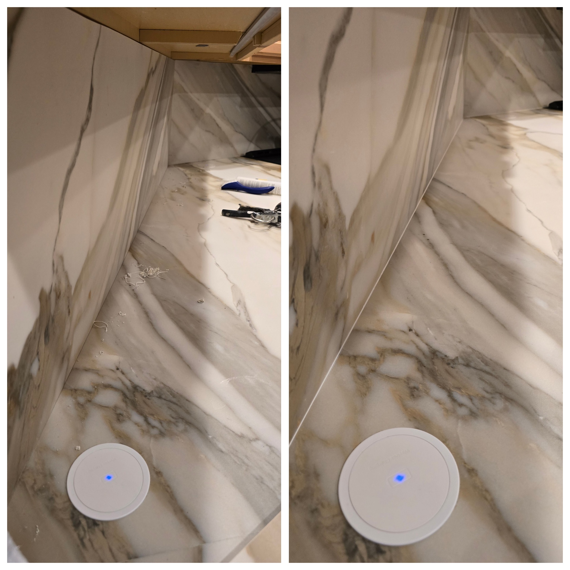 Before and after of a marble look counter and backsplash corner in Paradise Valley AZ with old caulk debris removed and a tight new silicone joint installed at the wall