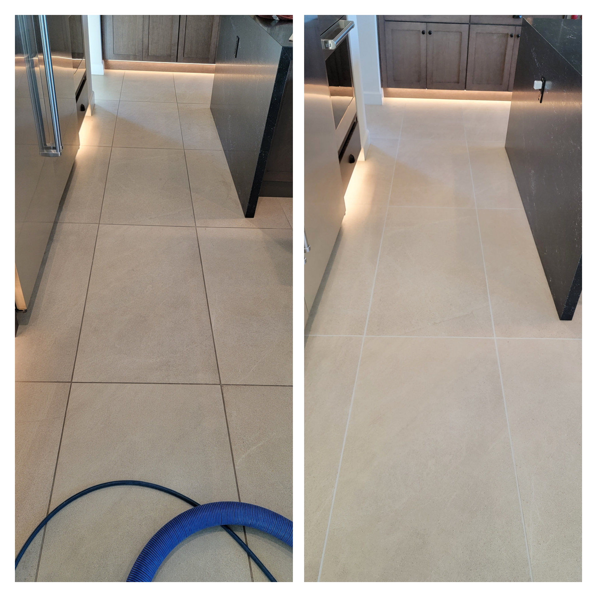 Before and after large-format porcelain kitchen floor and grout cleaning in Mesa AZ by Lazona Tile Care