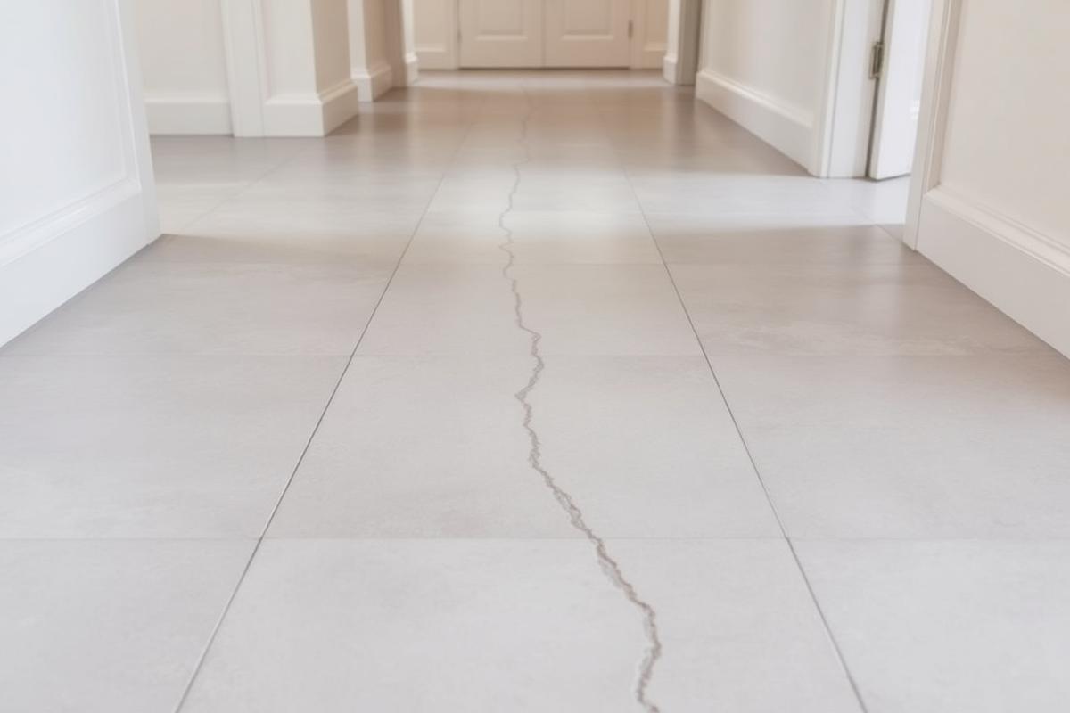 Hairline stress crack running in a straight line across several large format porcelain floor tiles and through the grout joints in an Arizona hallway