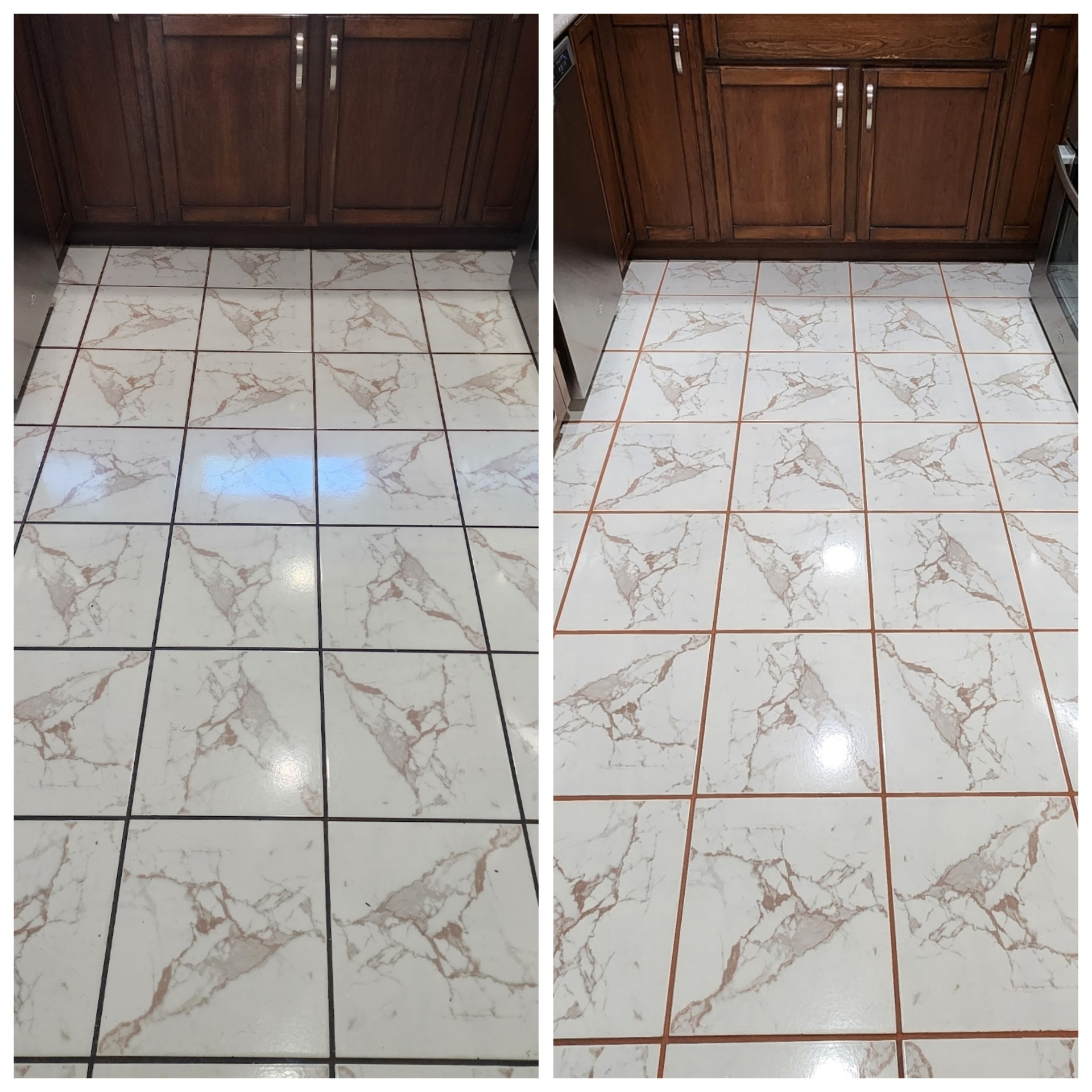 Before and after of a Mesa AZ marble look tile kitchen floor with dirty black grout restored to a warm terracotta custom grout color by Lazona Tile Care