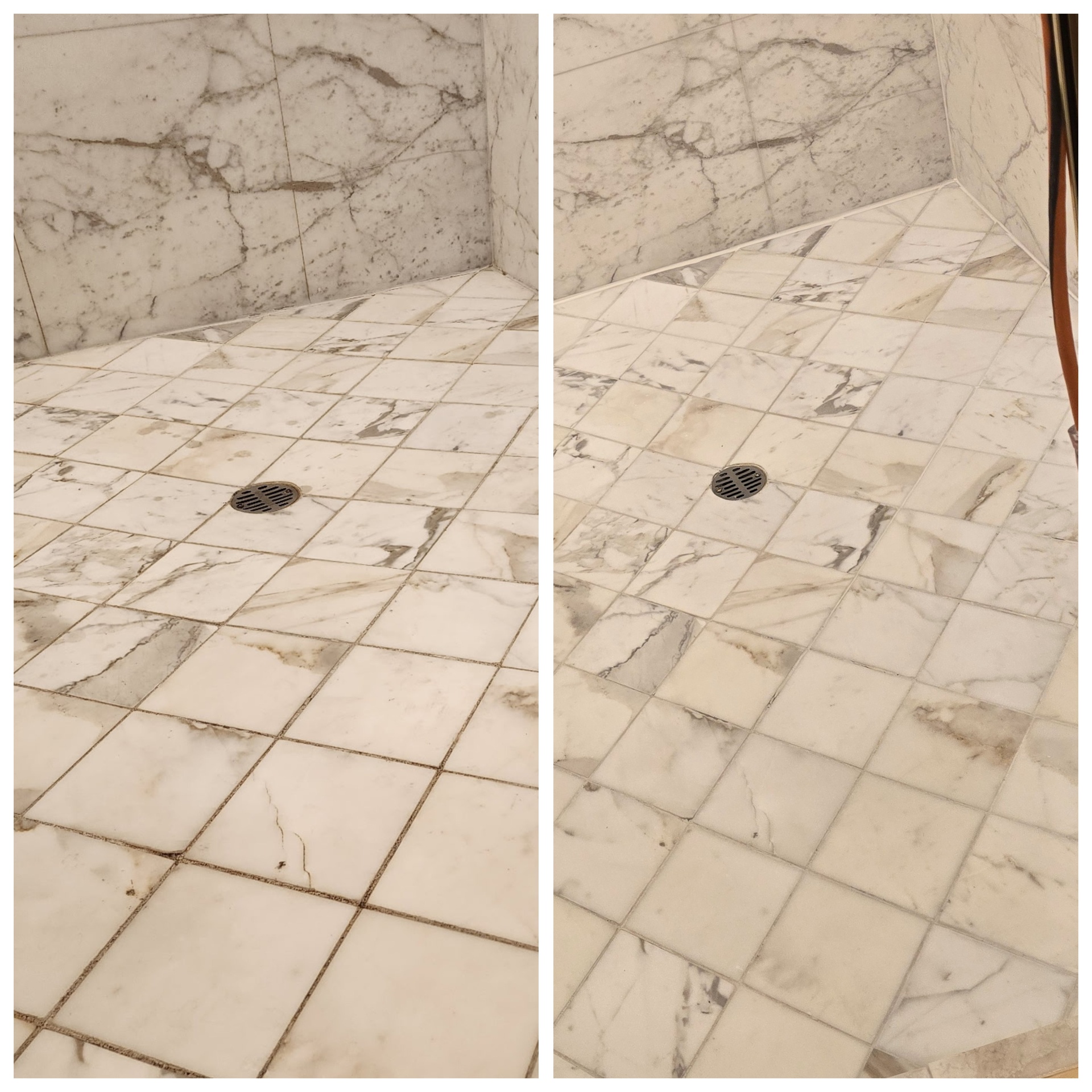 Calacatta marble shower floor in Gilbert AZ with stained eroded grout joints rebuilt and color sealed after mold treatment