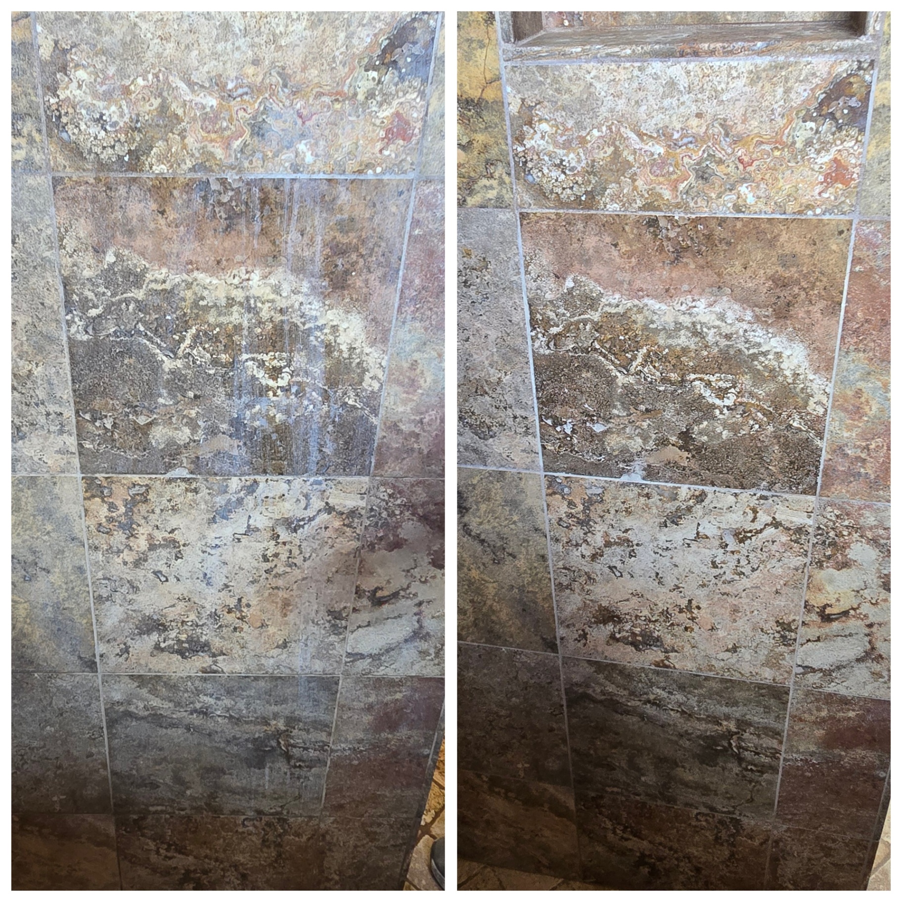 Travertine shower wall in Gilbert AZ before and after removal of calcium hard water scale and mineral streaking, then honed and sealed by Lazona Tile Care