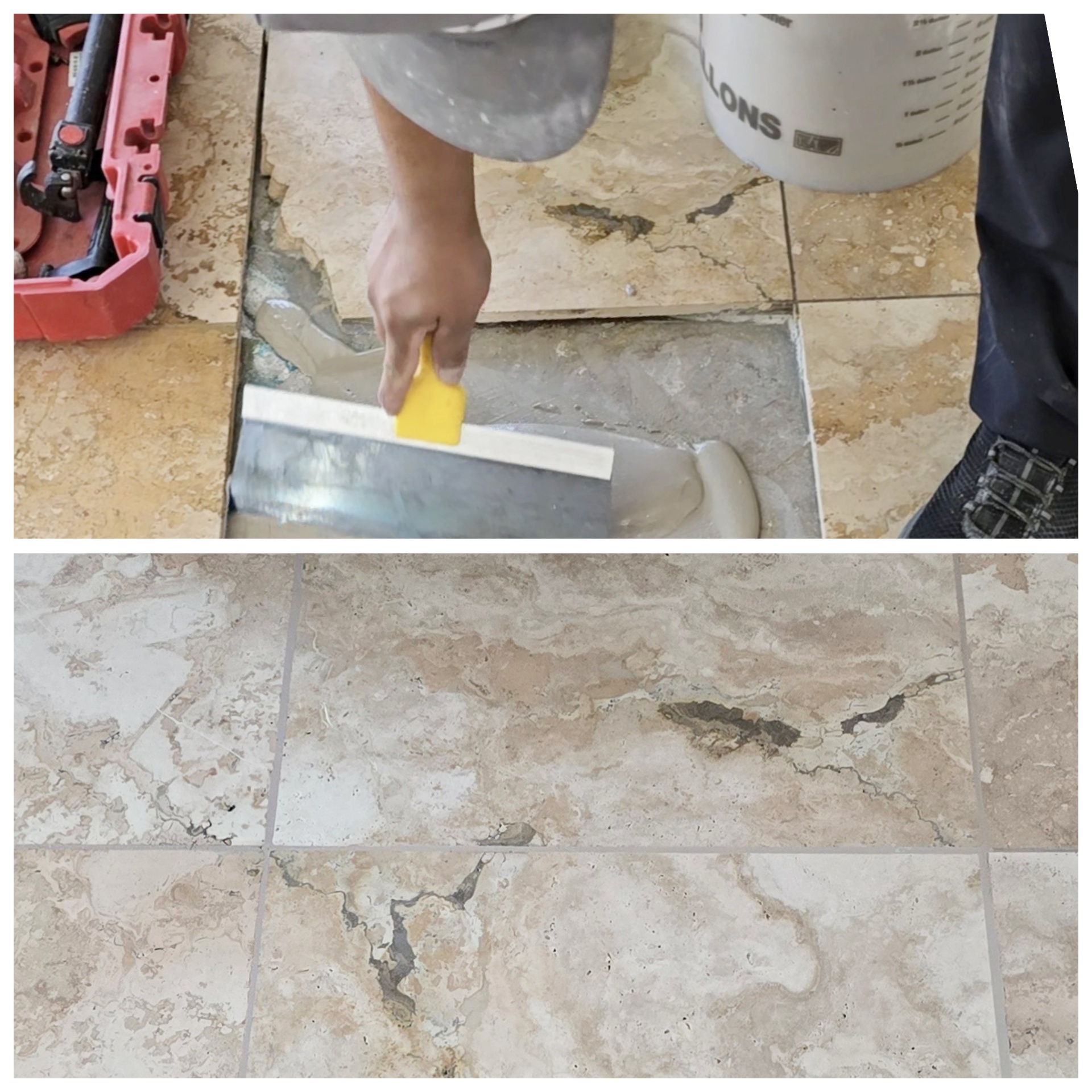 Two stage photo of a travertine floor repair in Mesa AZ showing fresh thinset being troweled into a removed tile pocket and the finished floor with the replacement tile blended in