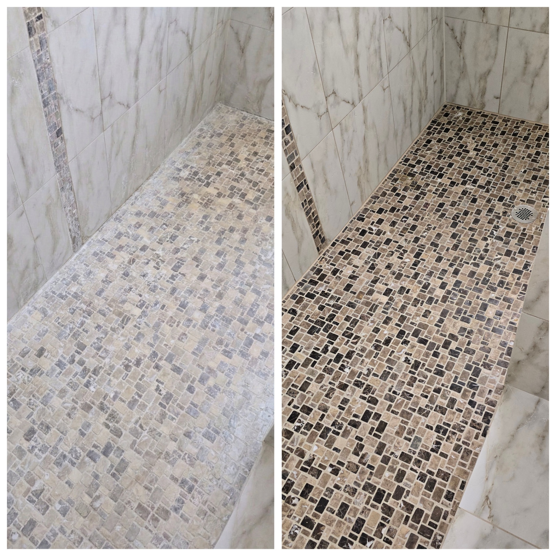 Marble mosaic shower floor in Paradise Valley AZ with mineral haze and clogged drain restored, weep holes cleared and grout color sealed
