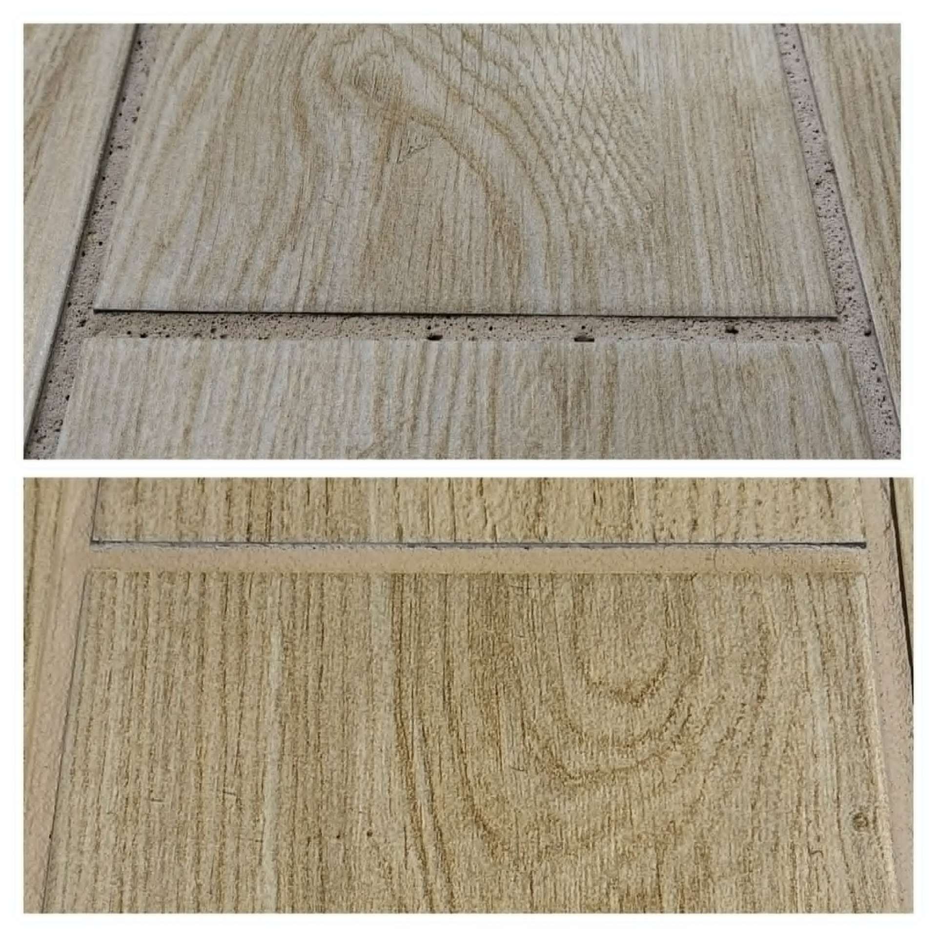 Is Bleach Ruining Your Grout? What Arizona Homeowners Must Know Wood-look porcelain tile with grout joints damaged by bleach showing powdery porous eroded edges on the left compared to clean uniform color-sealed joints on the right after professional Lazona Tile Care restoration in an Arizona bathroom