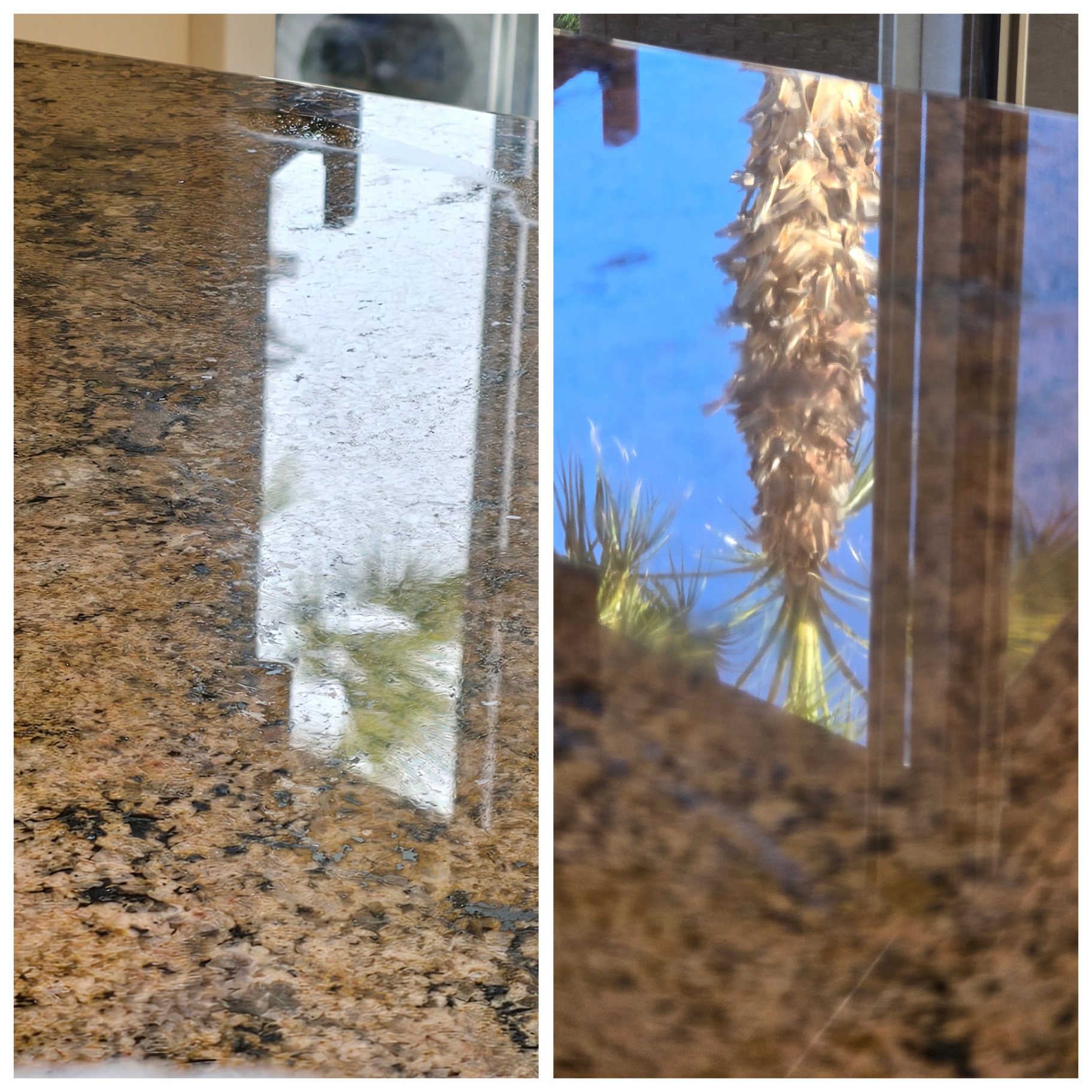 Before and after of a gold granite countertop edge in Gilbert AZ with spalling and chipping rebuilt using color matched epoxy, re-profiled, polished and sealed