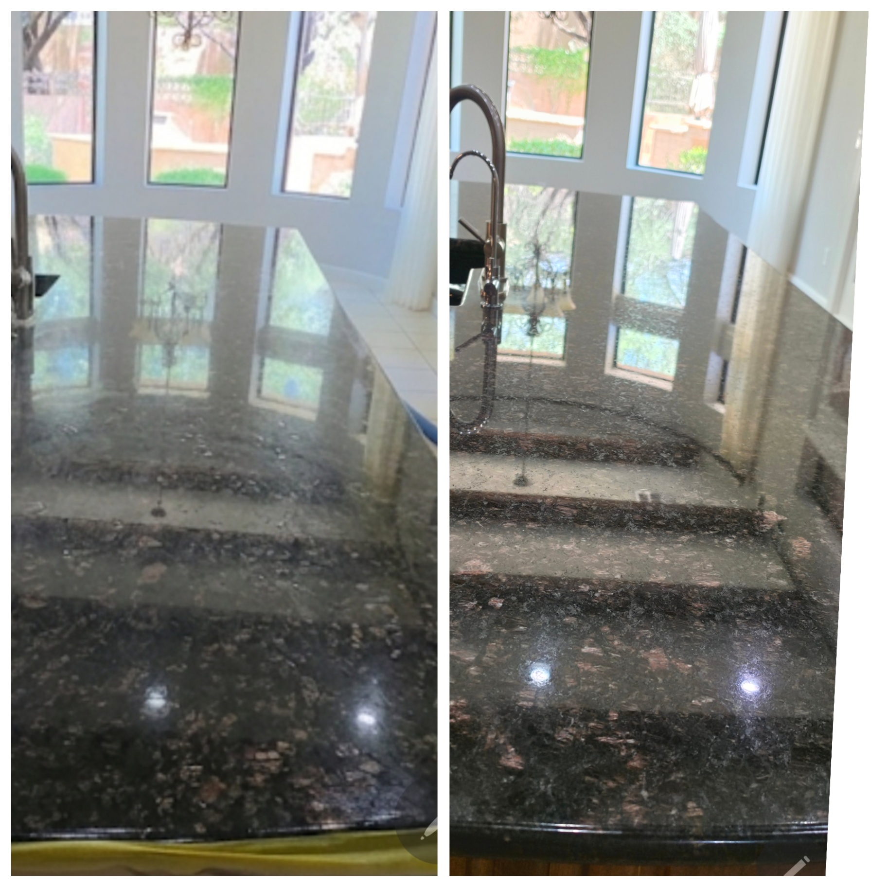 Before and after of a brown granite kitchen island countertop in Gilbert AZ with a dull hazy surface diamond honed, powder polished to a mirror finish and resealed by Lazona Tile Care