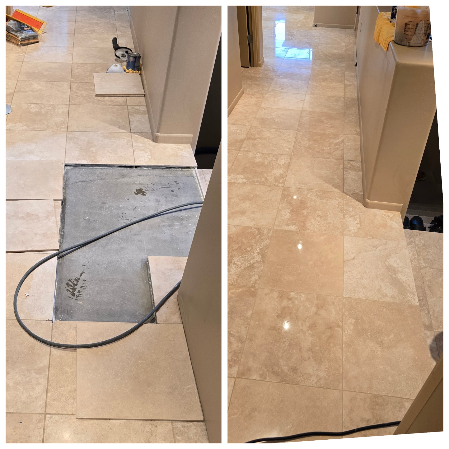 Before and after of a travertine hallway landing in Gilbert AZ with debonded tiles lifted off the bare substrate, then re-set, grouted and polished to a reflective finish
