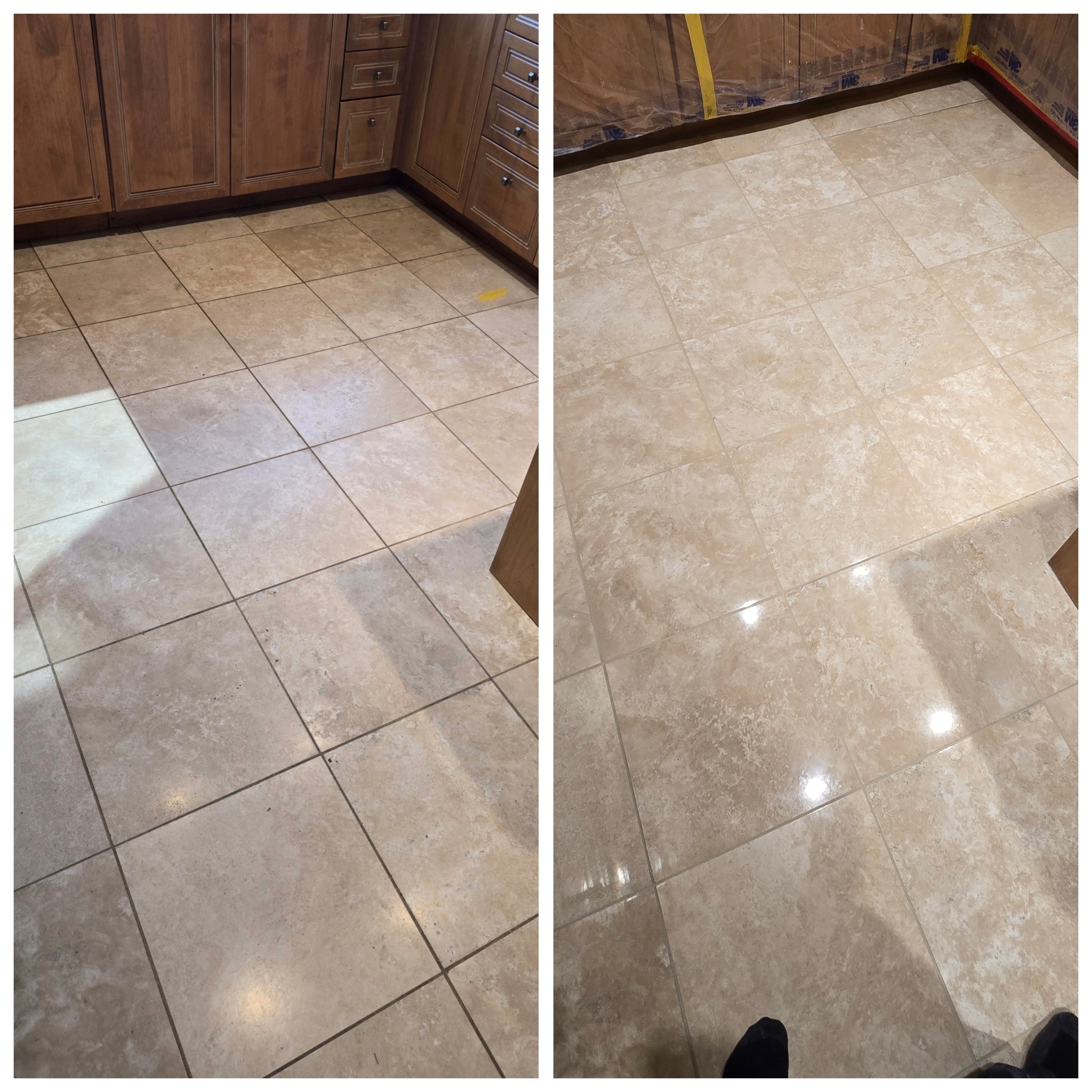 Before and after travertine tile floor with grout color sealing in Chandler AZ kitchen — dark stained grout restored to clean uniform lines with polished stone finish