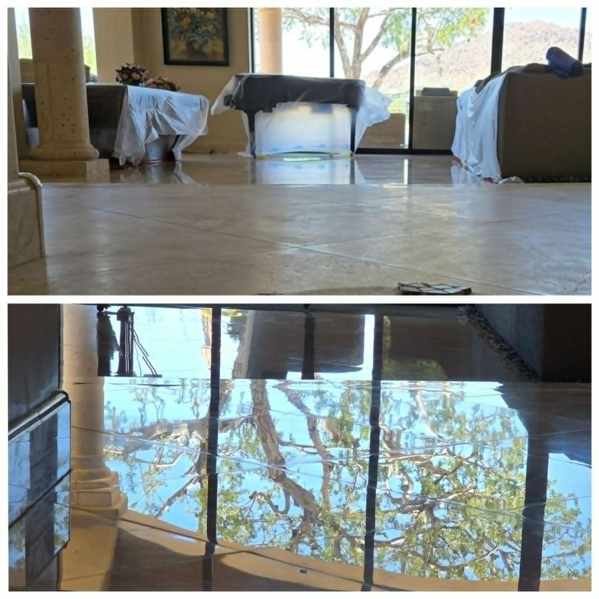 Before and after of a Paradise Valley Marmocer veneer marble floor showing dull etched tile with cracked grout on top and a deep glossy mirror polished marble floor reflecting the mountain view on bottom after Lazona Tile Care restoration
